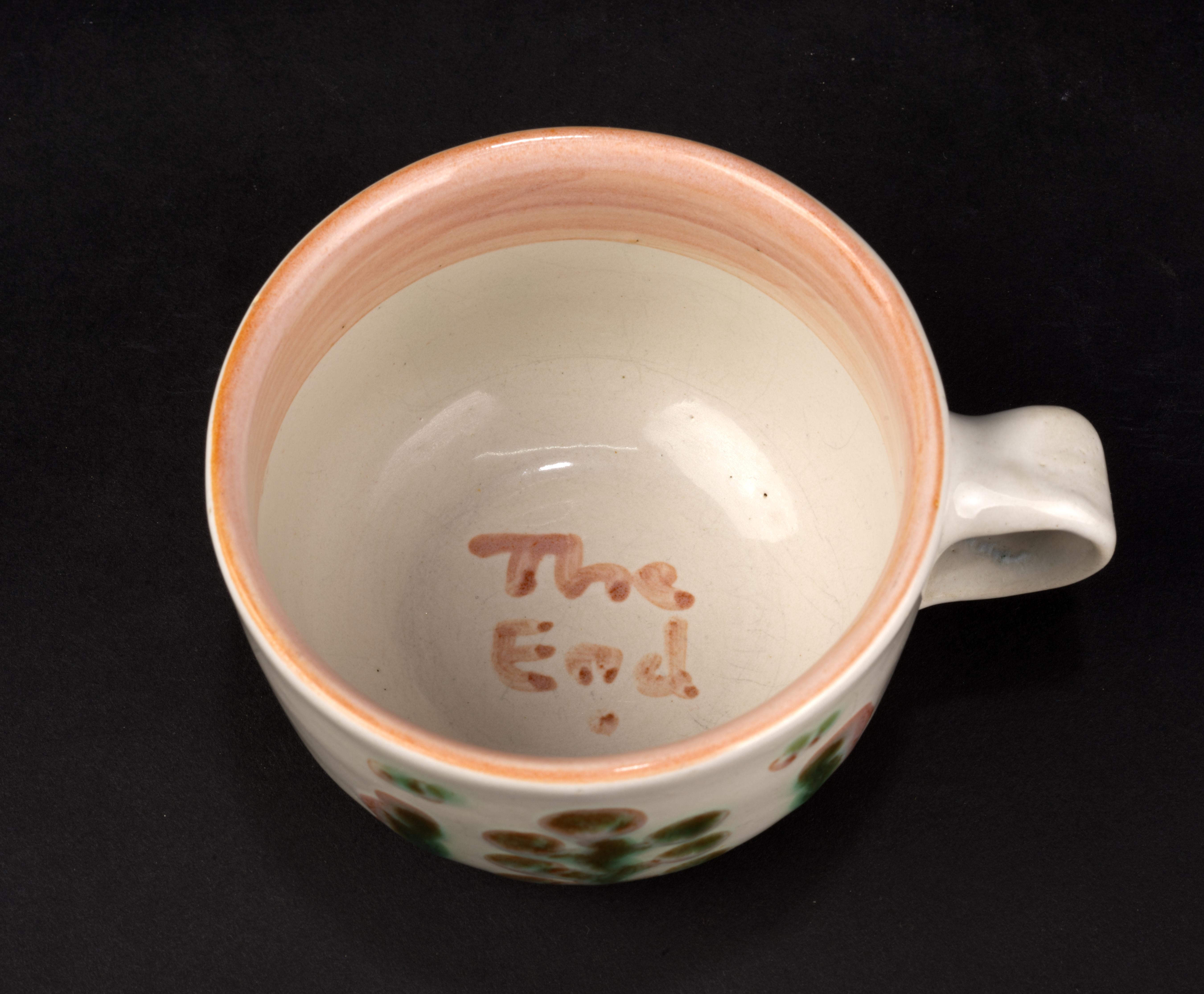 Ceramic M.A. Hadley Pottery Signed Hand Painted Tea Cup Saucer Set Mid Century Country For Sale