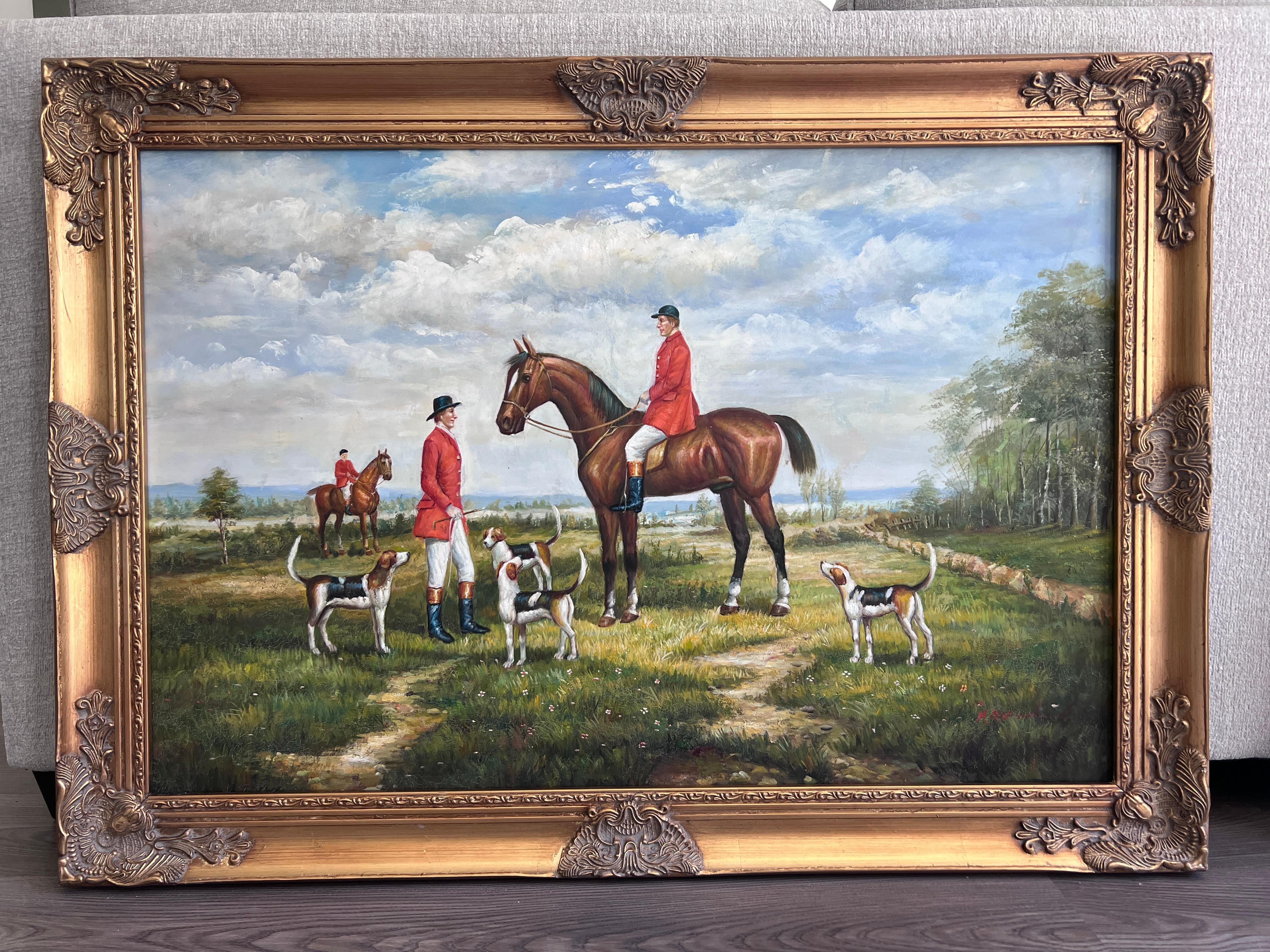 M. Aarinon Original-Ölgemälde, Englische Fuchsjagd-Szene, Pferde und Hunde – Painting von M.Aarinon