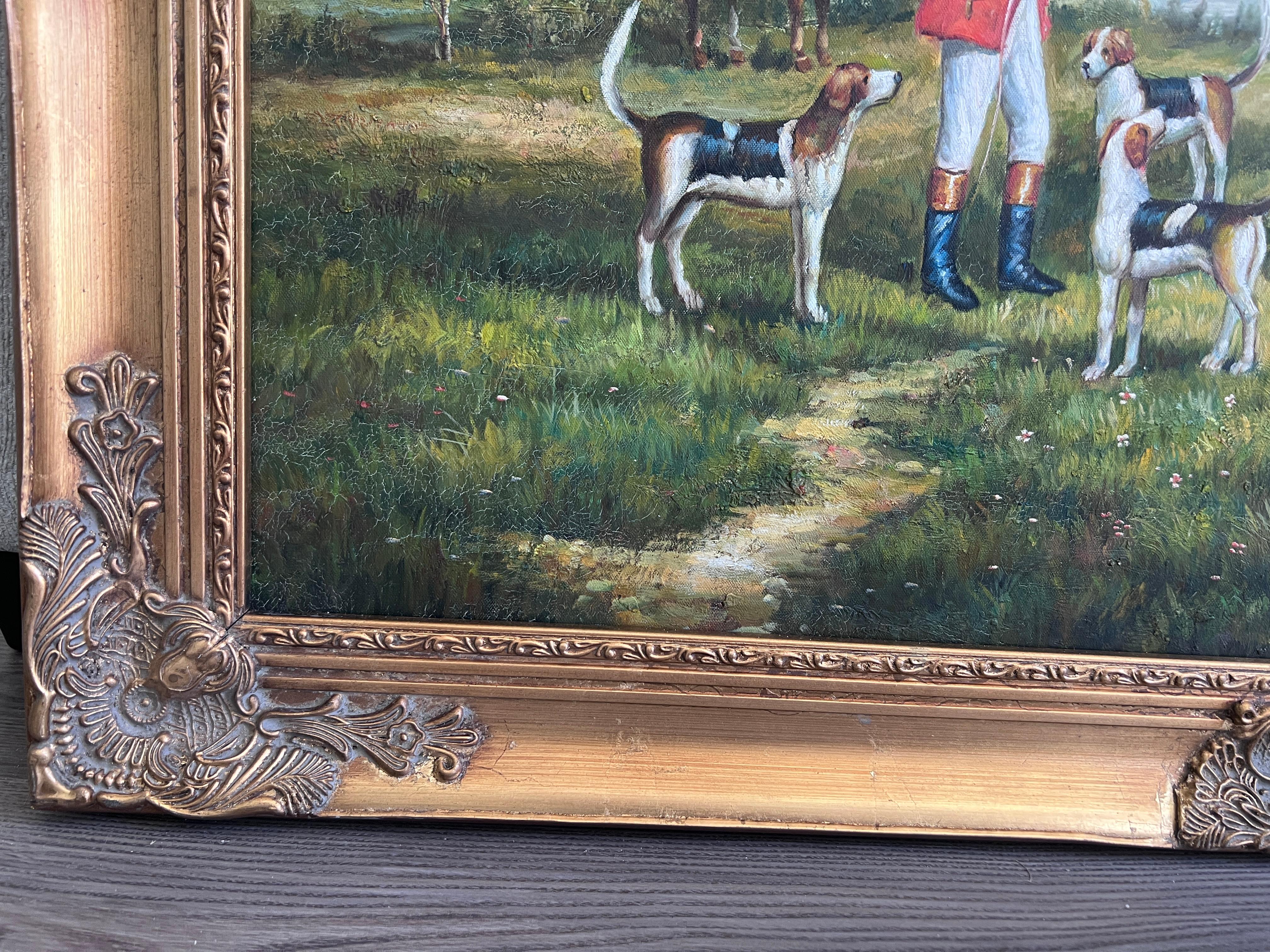 M. Aarinon Original-Ölgemälde, Englische Fuchsjagd-Szene, Pferde und Hunde (Grau), Landscape Painting, von M.Aarinon