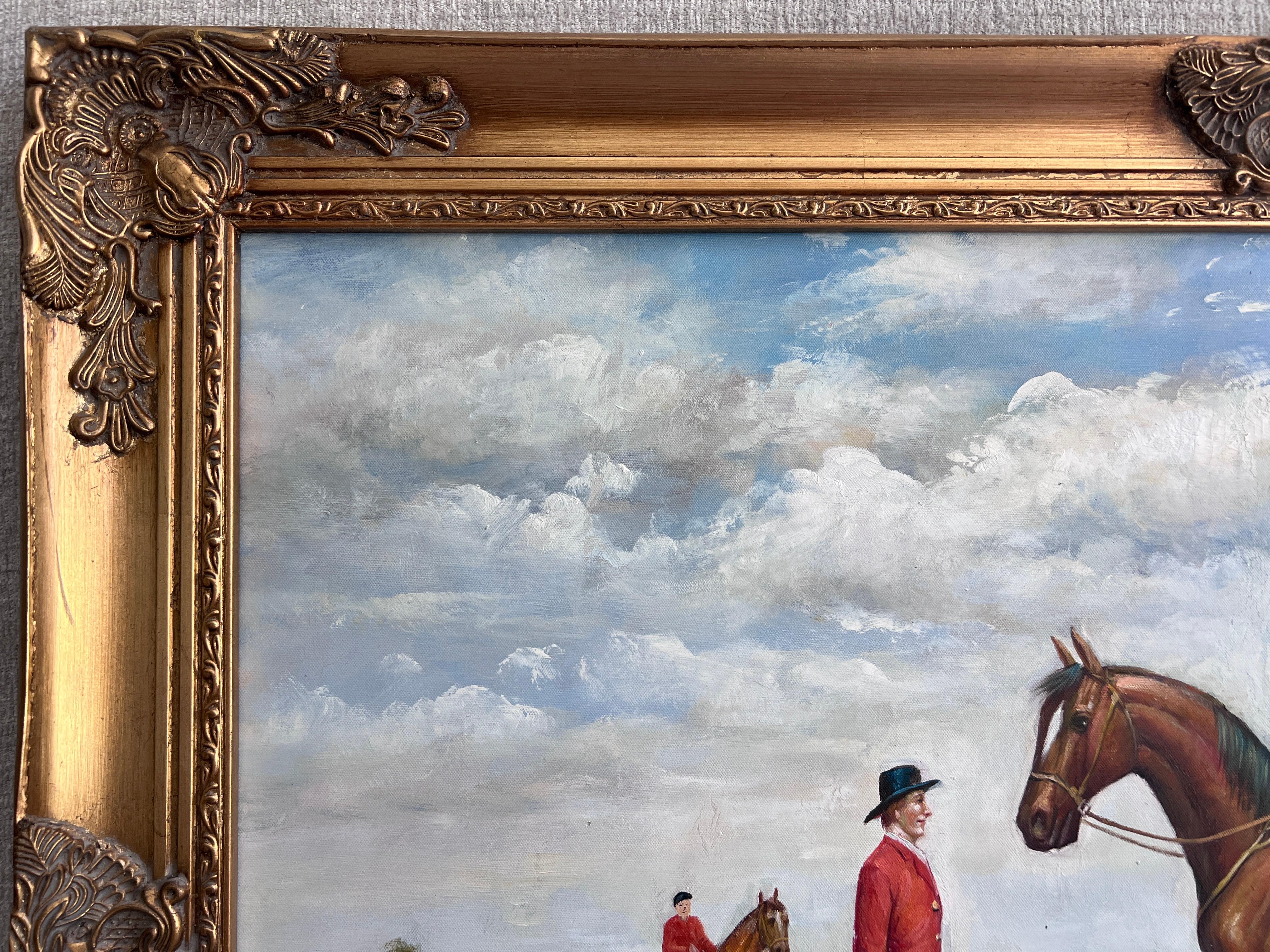 Ein hervorragendes, von M. Aarinon signiertes Ölgemälde auf Leinwand, das eine elegante englische Fuchsjagd in vollem Lauf zeigt. Zwei Reiter in traditionellen roten Jagdmänteln unterhalten sich inmitten einer offenen Landschaft, umgeben von