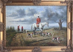Vintage M. Aarinon Original Oil Painting, English Fox Hunt Scene, Horses & Hounds