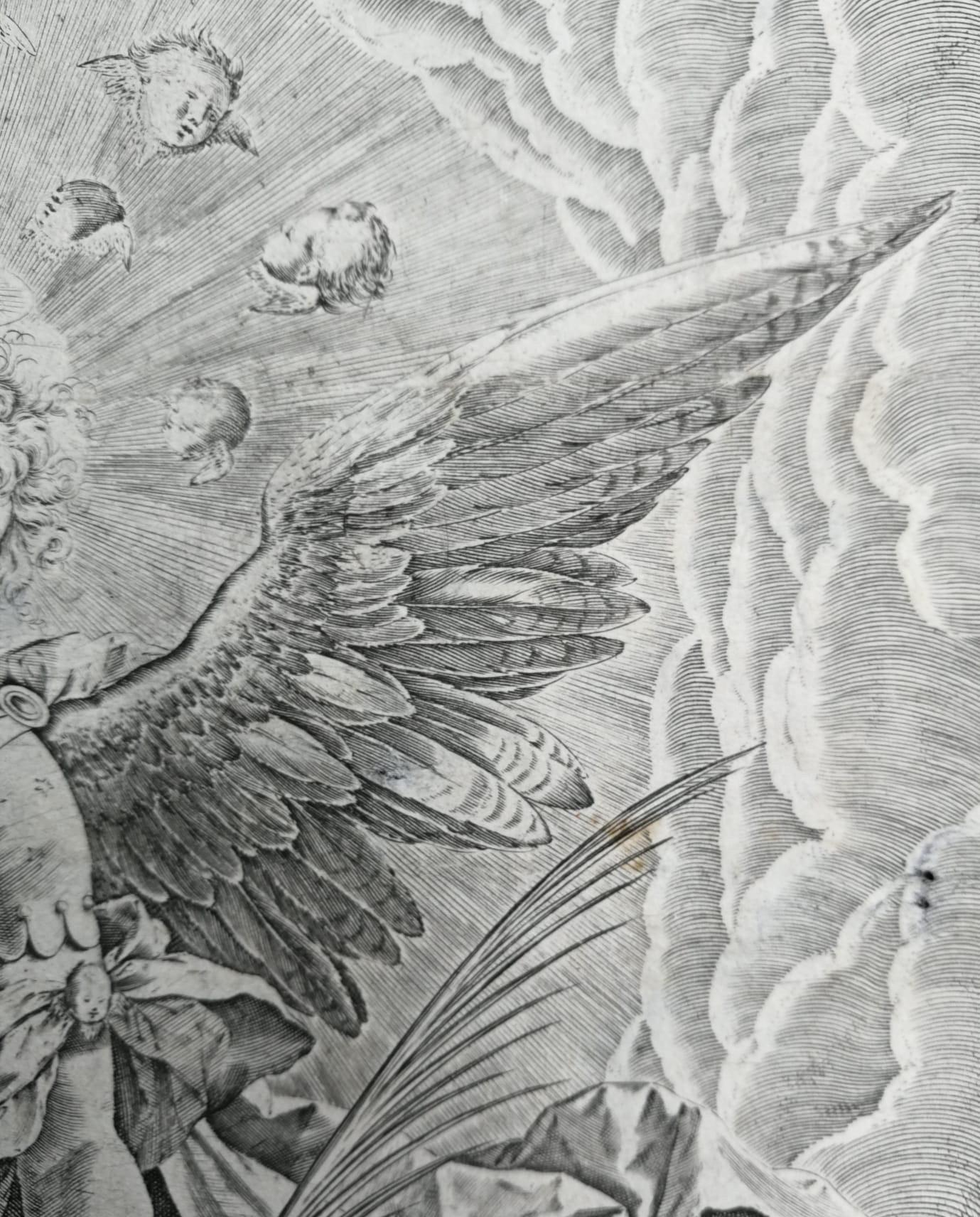 Grabado Sadeler según Maarten de Vos - San Miguel y el Dragón, s. XVI en venta 5