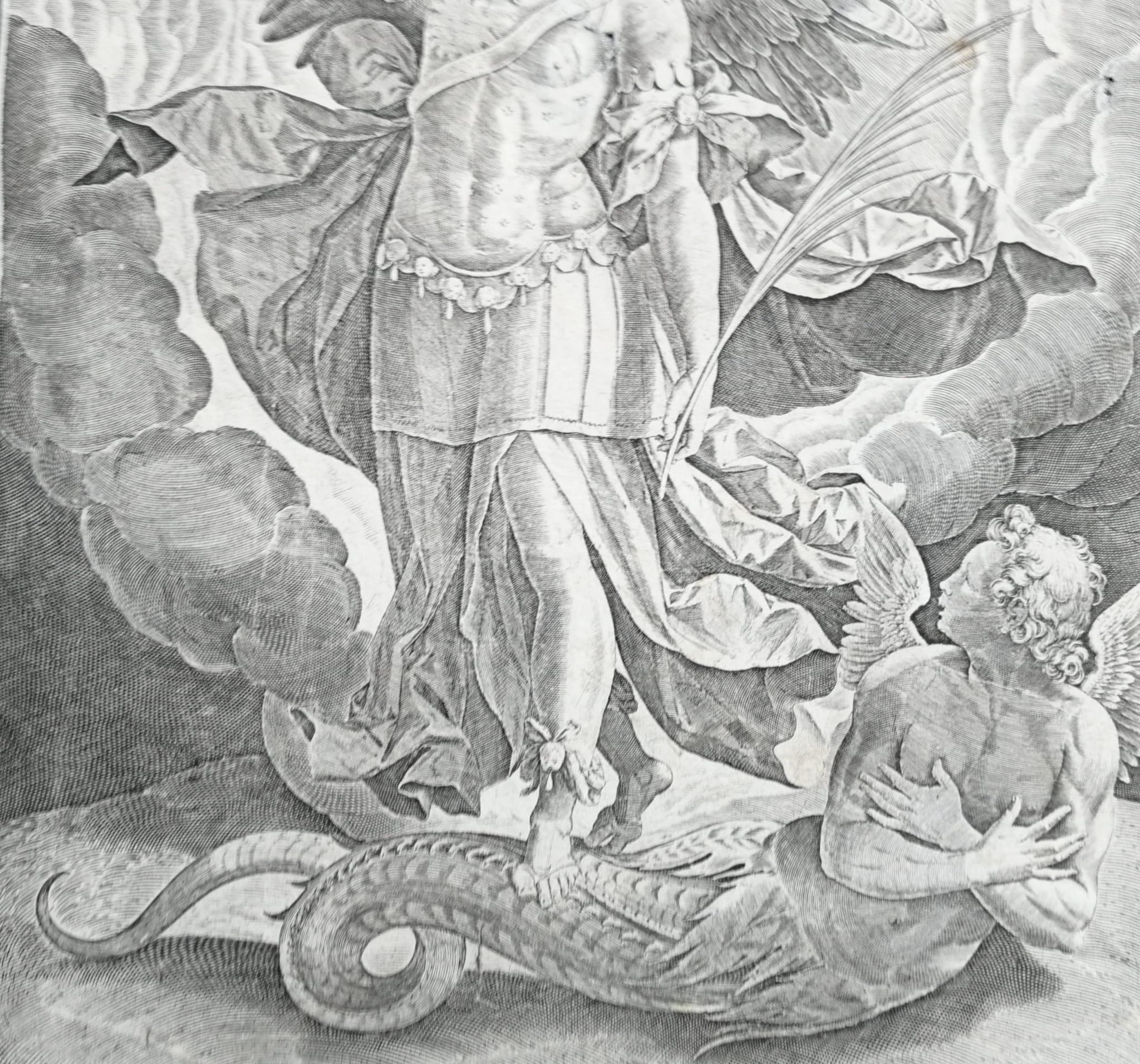 Grabado Sadeler según Maarten de Vos - San Miguel y el Dragón, s. XVI en venta 6