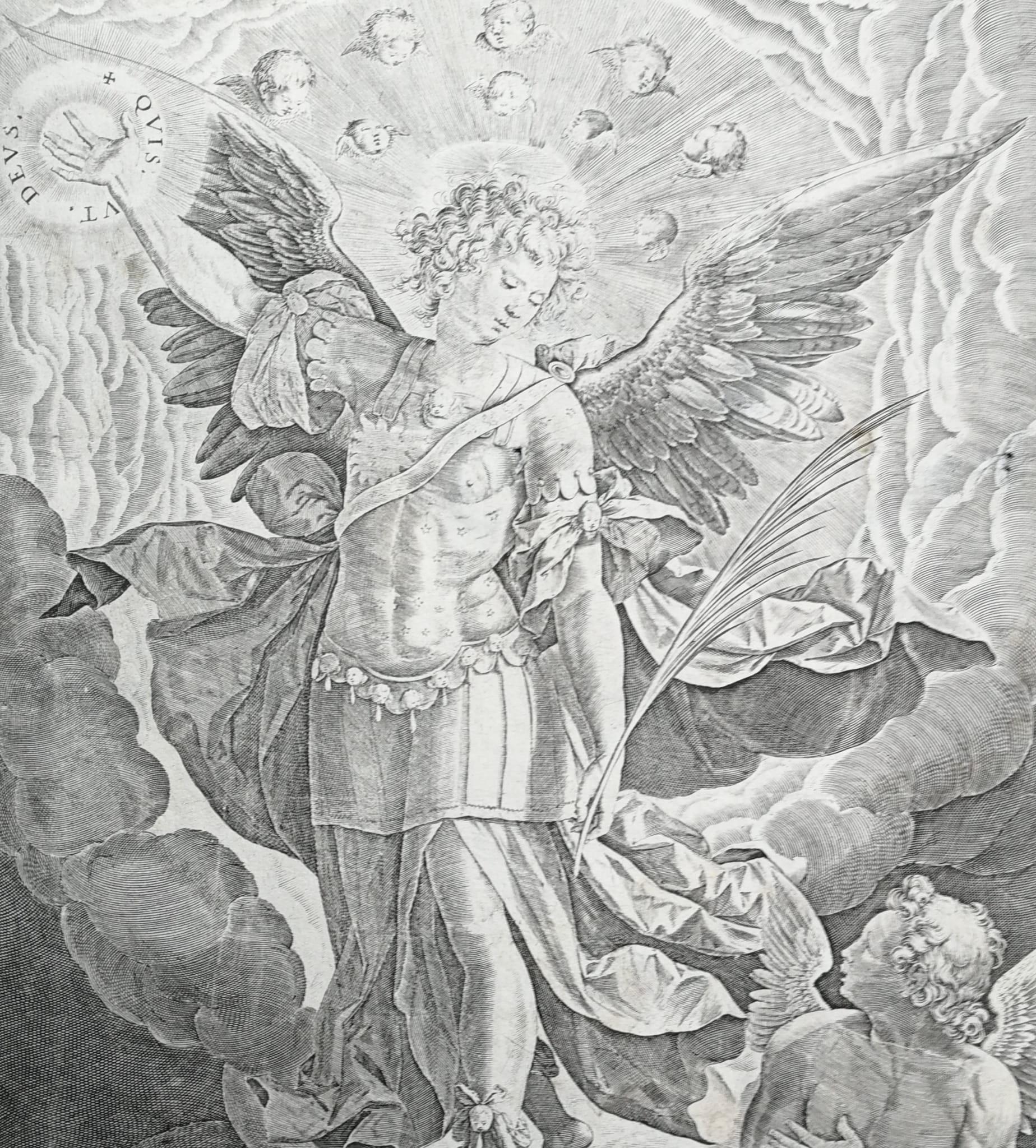 Grabado Sadeler según Maarten de Vos - San Miguel y el Dragón, s. XVI en venta 7