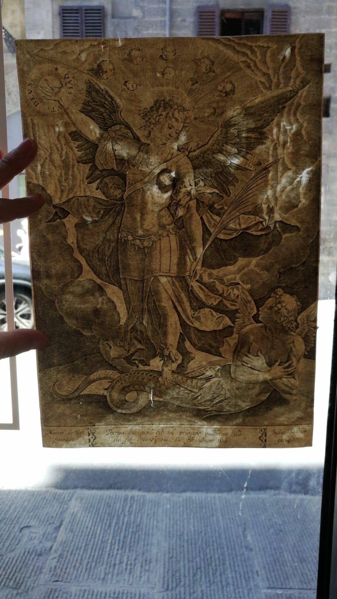 Grabado Sadeler según Maarten de Vos - San Miguel y el Dragón, s. XVI en venta 1