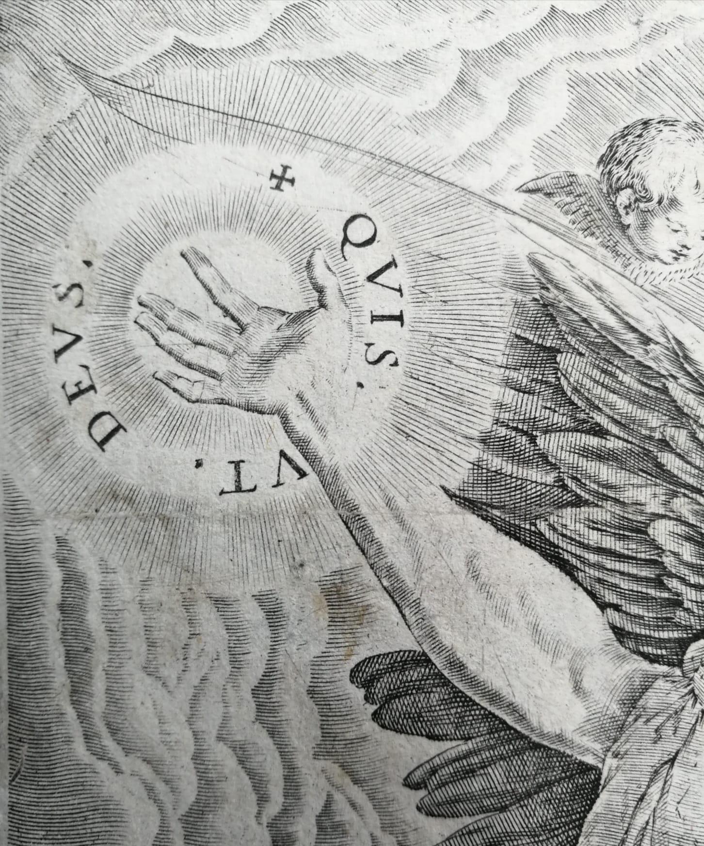 Grabado Sadeler según Maarten de Vos - San Miguel y el Dragón, s. XVI en venta 3