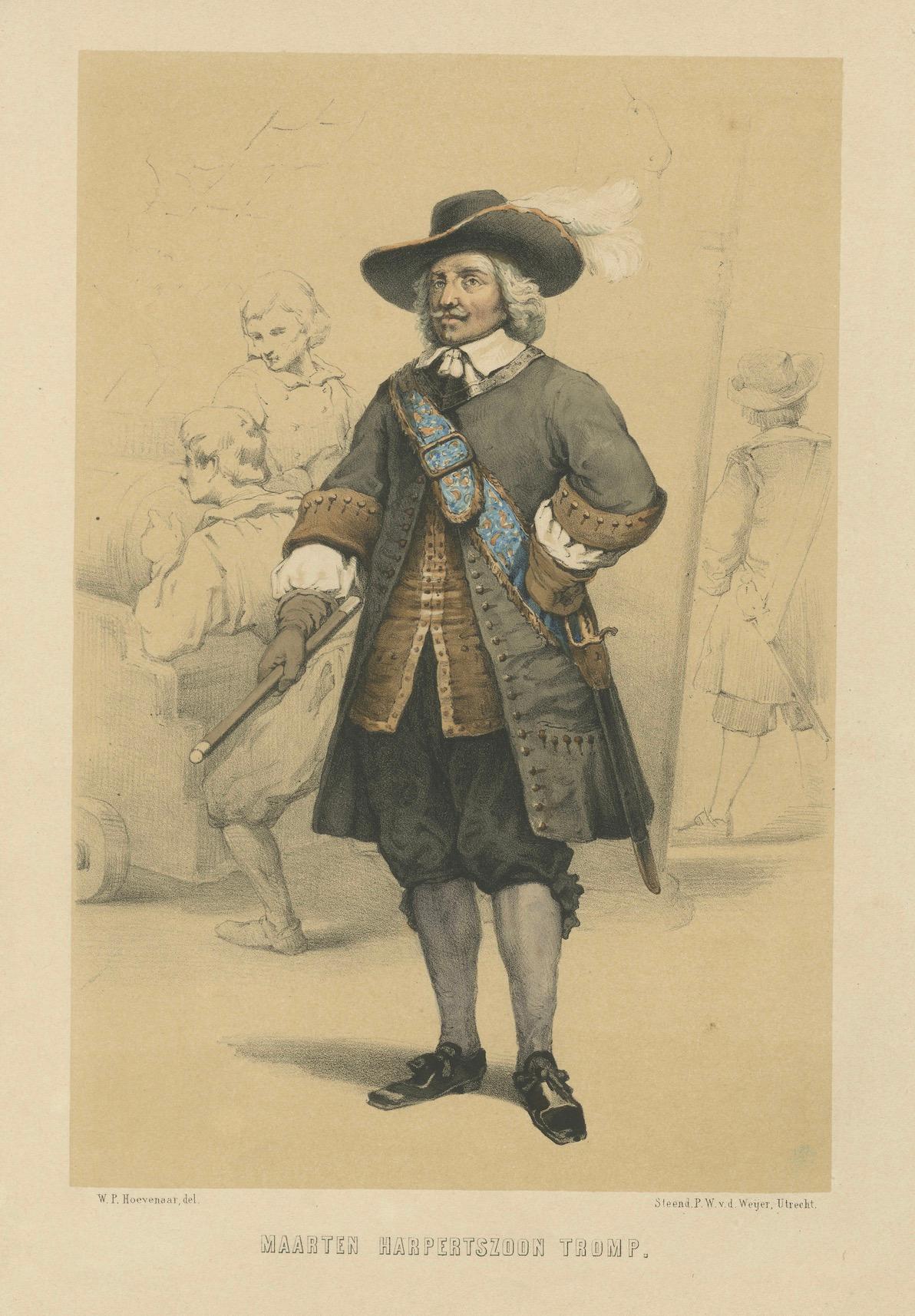 Maarten Harpertszoon Tromp - Niederländischer Admiral, handkolorierte Lithographie aus dem 19. (Papier) im Angebot
