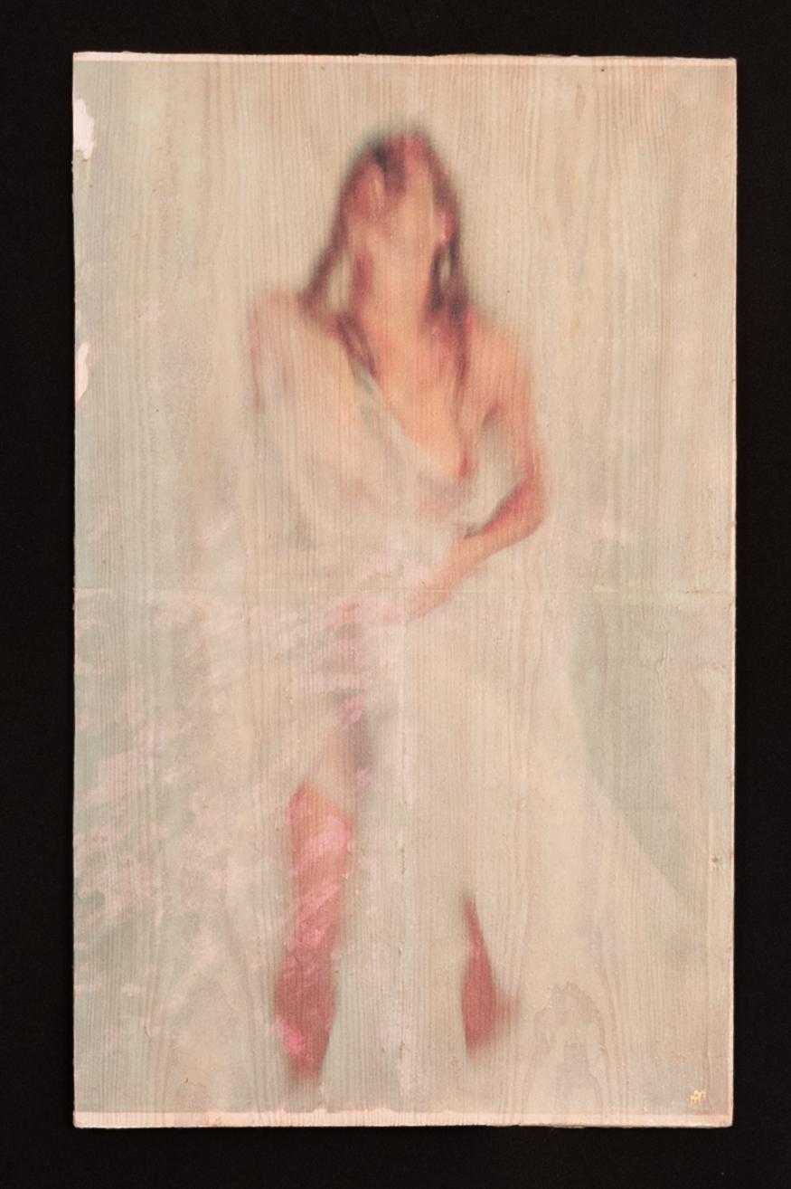 Mixed media: Photography on wooden panel. Marchau uses a special technique where he lays a picture (taken by himself) on a wooden panel, impregnated with a special gel which partially dissolves and absorbs the ink of the picture. The result is a
