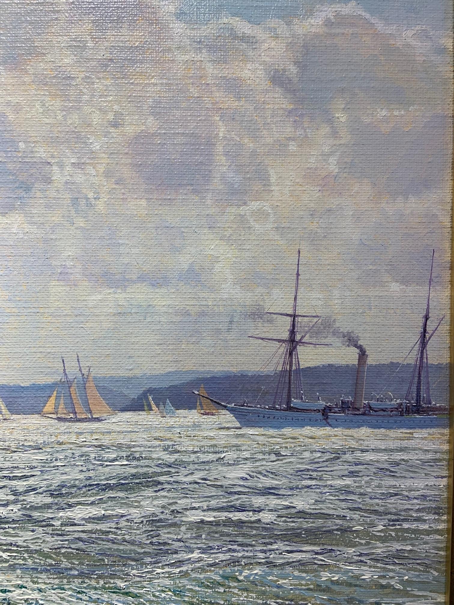 Cowes Week 1926.  We see the yacht White Heather II racing against the Royal Sailing Yacht Britannia. The ships are on a south westerly course. In the distance the Isle of Wight and other yachts can be seen. 
