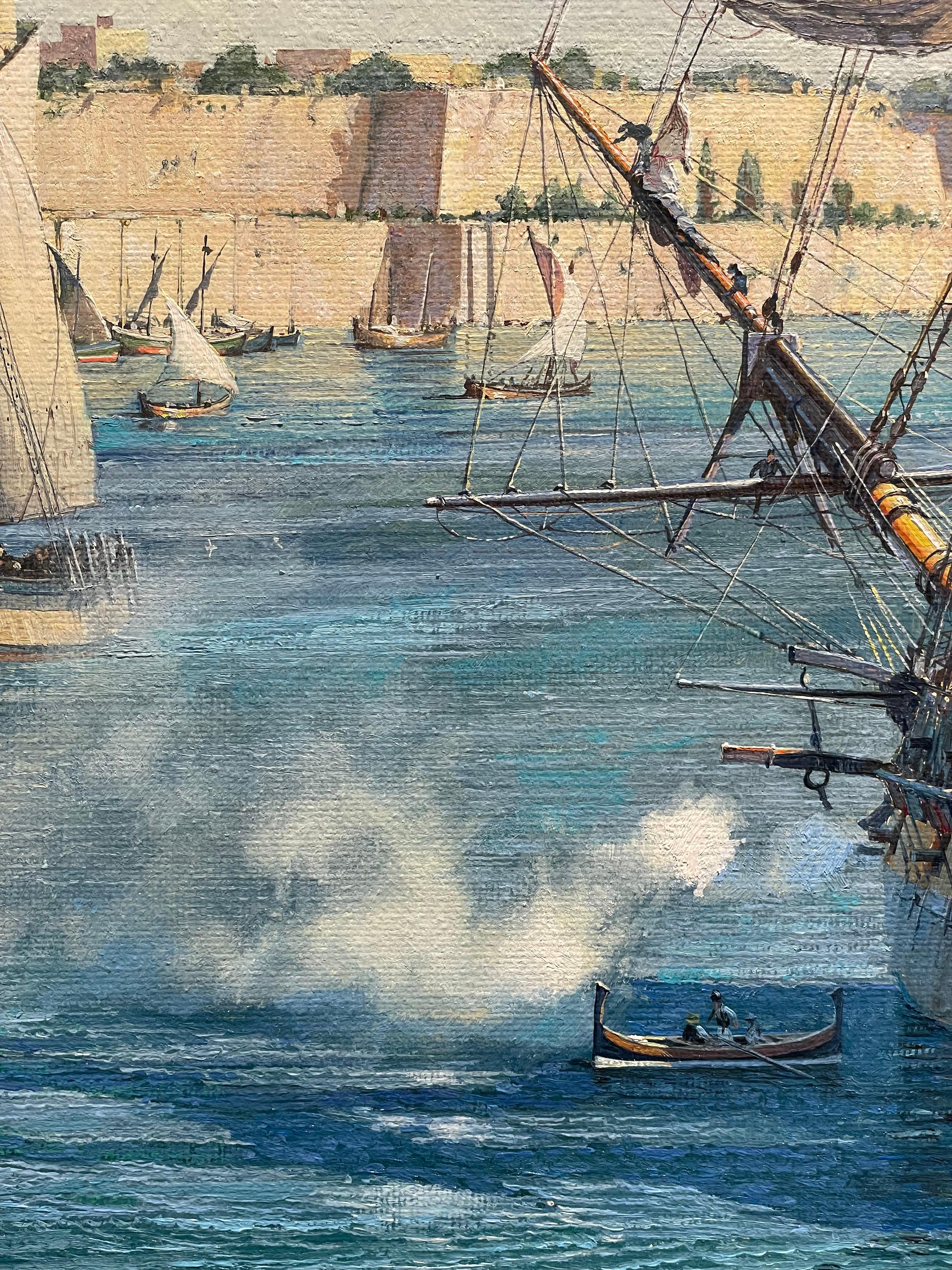 The Last Salute to Malta - Blue Landscape Painting by Maarten Platje