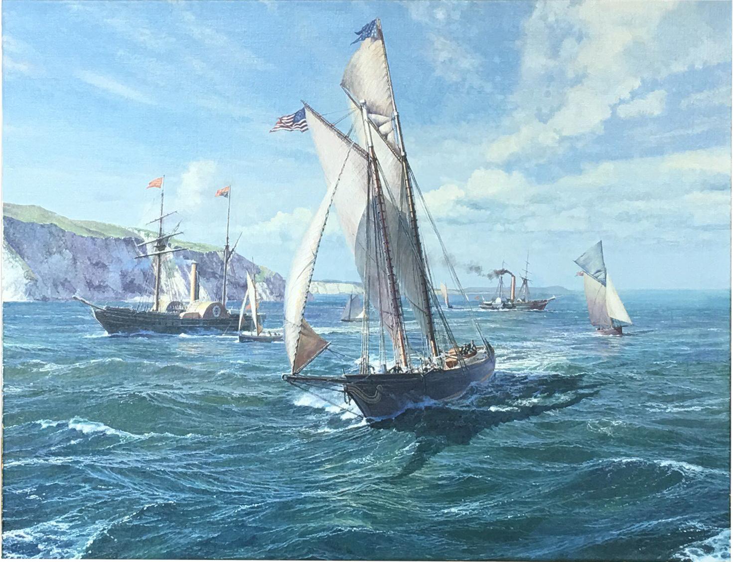 Maarten Platje Landscape Painting - The Yacht America at Freshwater Bay
