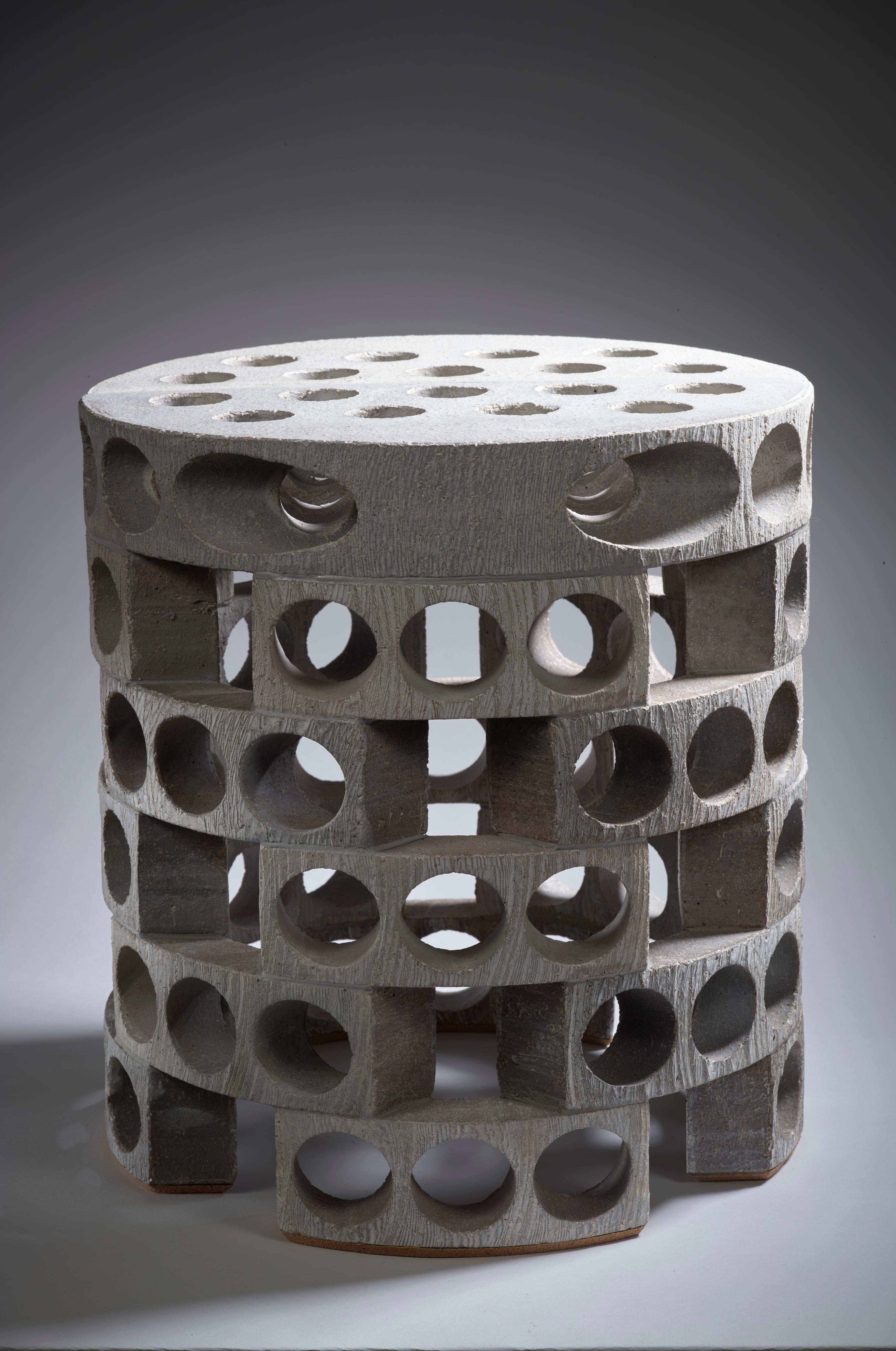 Maarten Stuer (born in 1965)
Stuul I-2021-08-07, 2021
Open-worked stoneware and engobe stool
Signed with the monogram and dated as the title

Created both for indoors and outdoors. 
 
Graduate of the Royal Academy of Fine Arts in Antwerp, where he