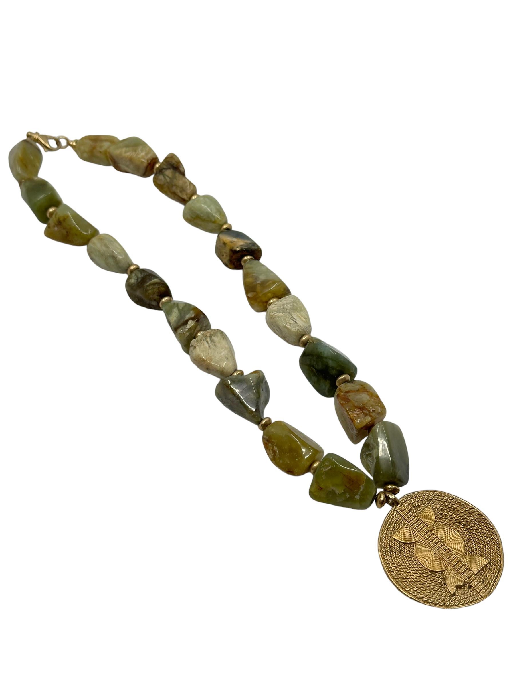 Maasai Moss Agate and Gold Necklace In New Condition For Sale In Mammoth Lakes, CA