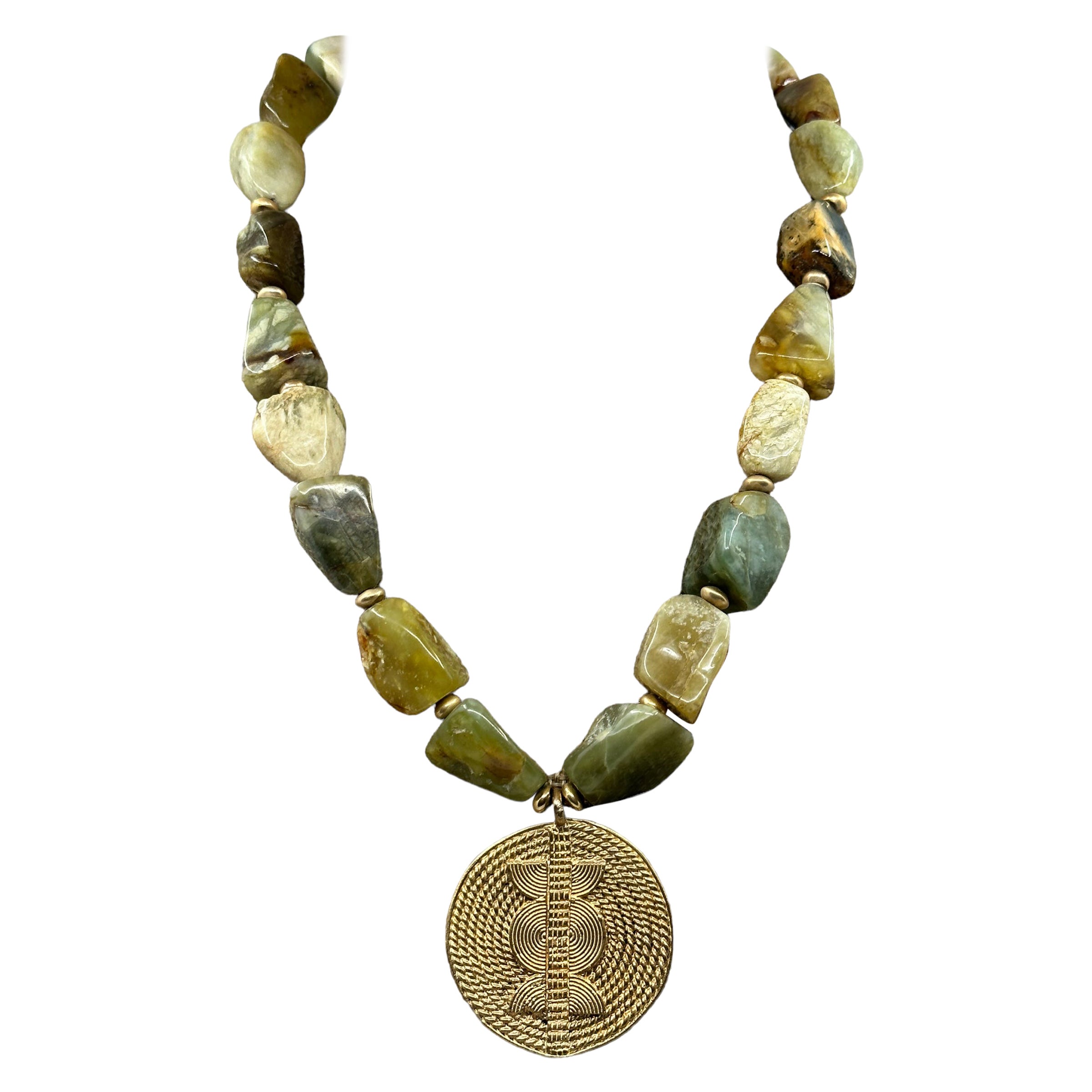 Maasai Moss Agate and Gold Necklace For Sale