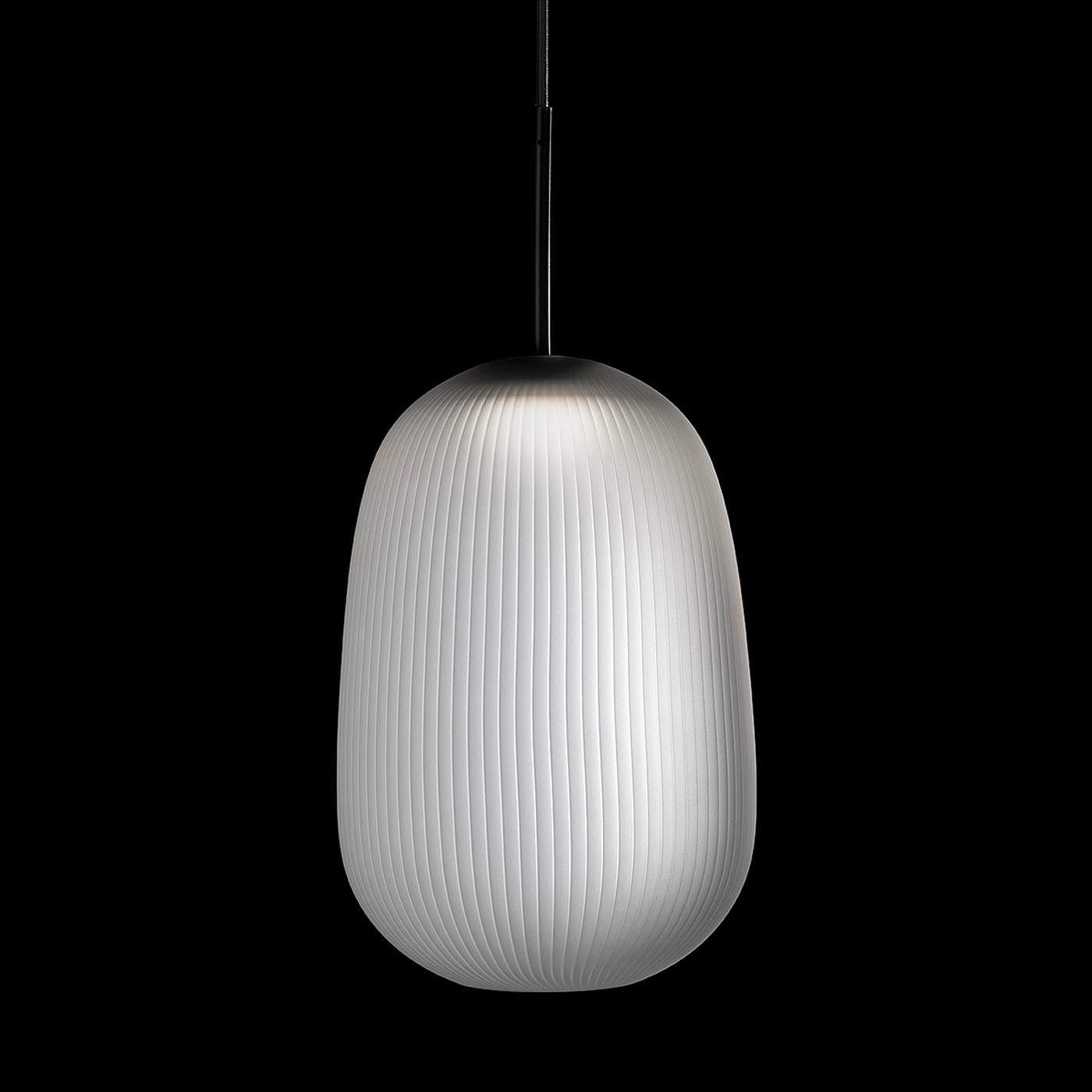 Suspension lamp bearing the name of an ancient divinity, made of frosted blown glass characterized by thin lines that create a pleated effect.