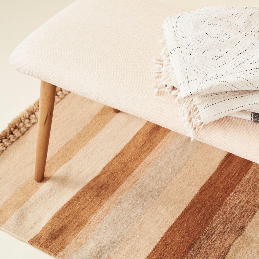 Hand-Woven Maati Handloom Wool Indian Rug in Earthy Tones Stripes Pattern For Sale
