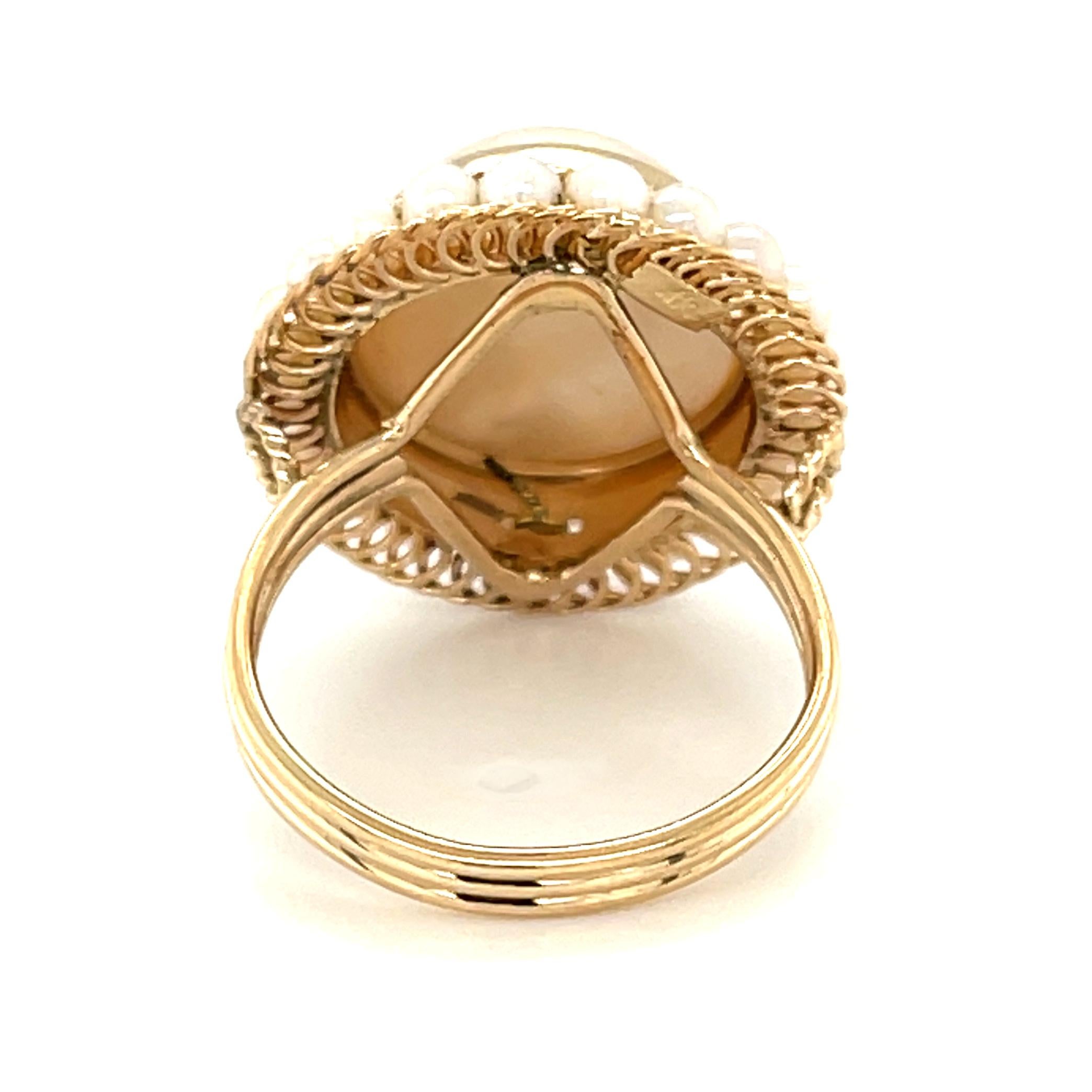 Cabochon Mabe and Seed Pearl Cocktail Ring, Handmade with Yellow Gold Filigree