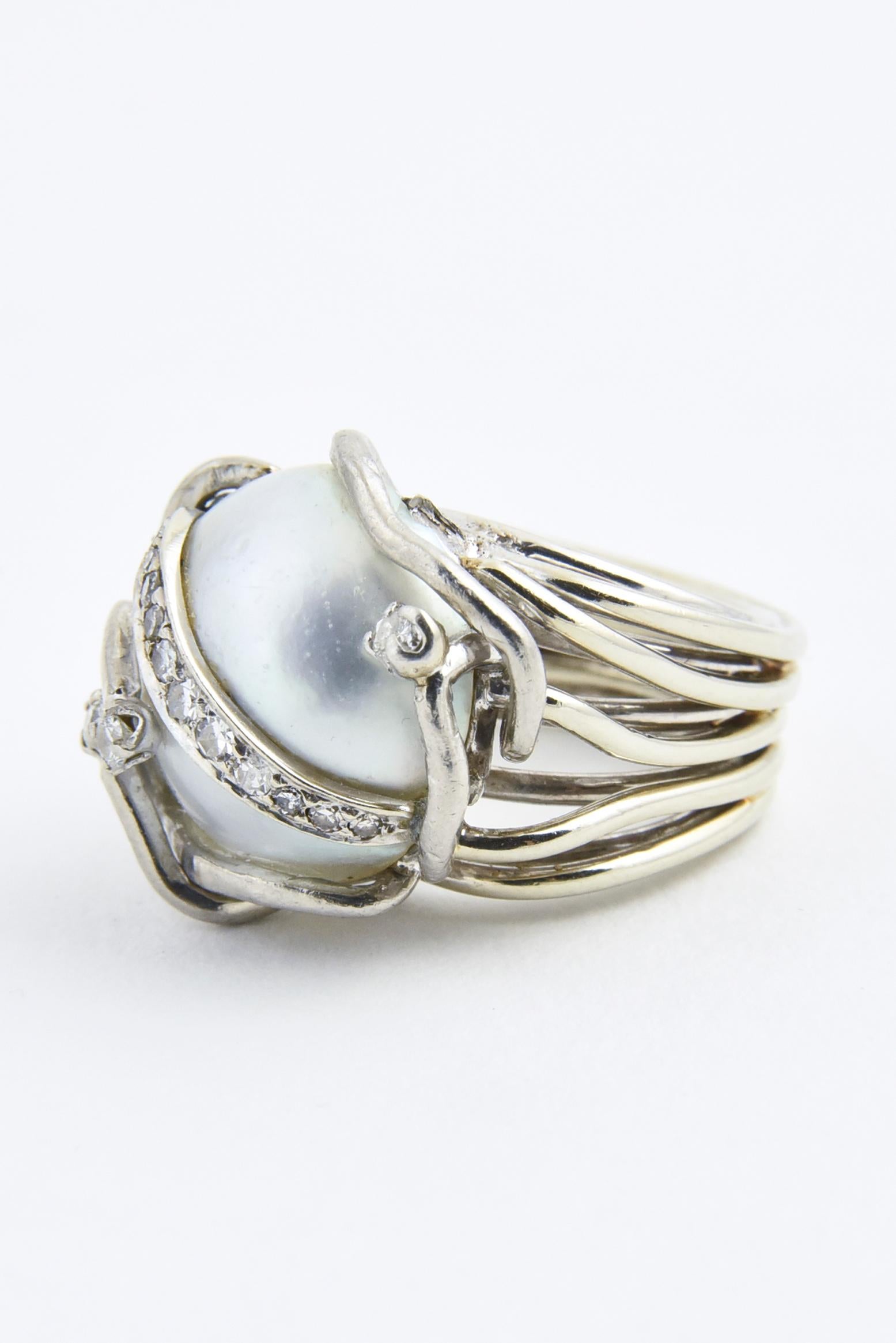 Mabe Blister Pearl and Diamond White Gold Dome Ring 3