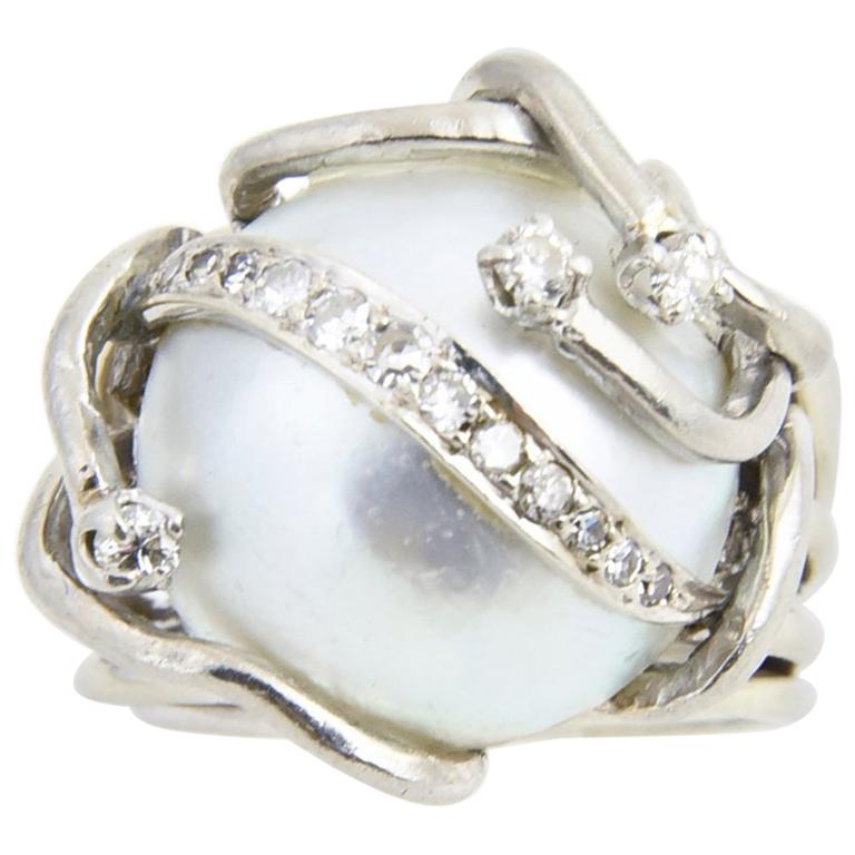 Mabe Blister Pearl and Diamond White Gold Dome Ring