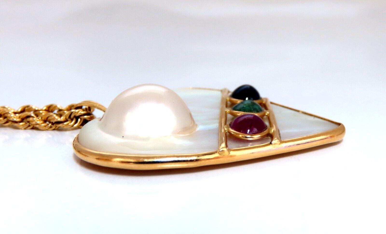 Mabe Blister Perle herzförmige Halskette Seil Kette 14kt Smaragd Rubin Saphir für Damen oder Herren im Angebot