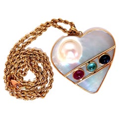 Mabe Blister Pearl Heart Shaped Necklace Rope Chain 14kt Emerald Ruby Sapphire