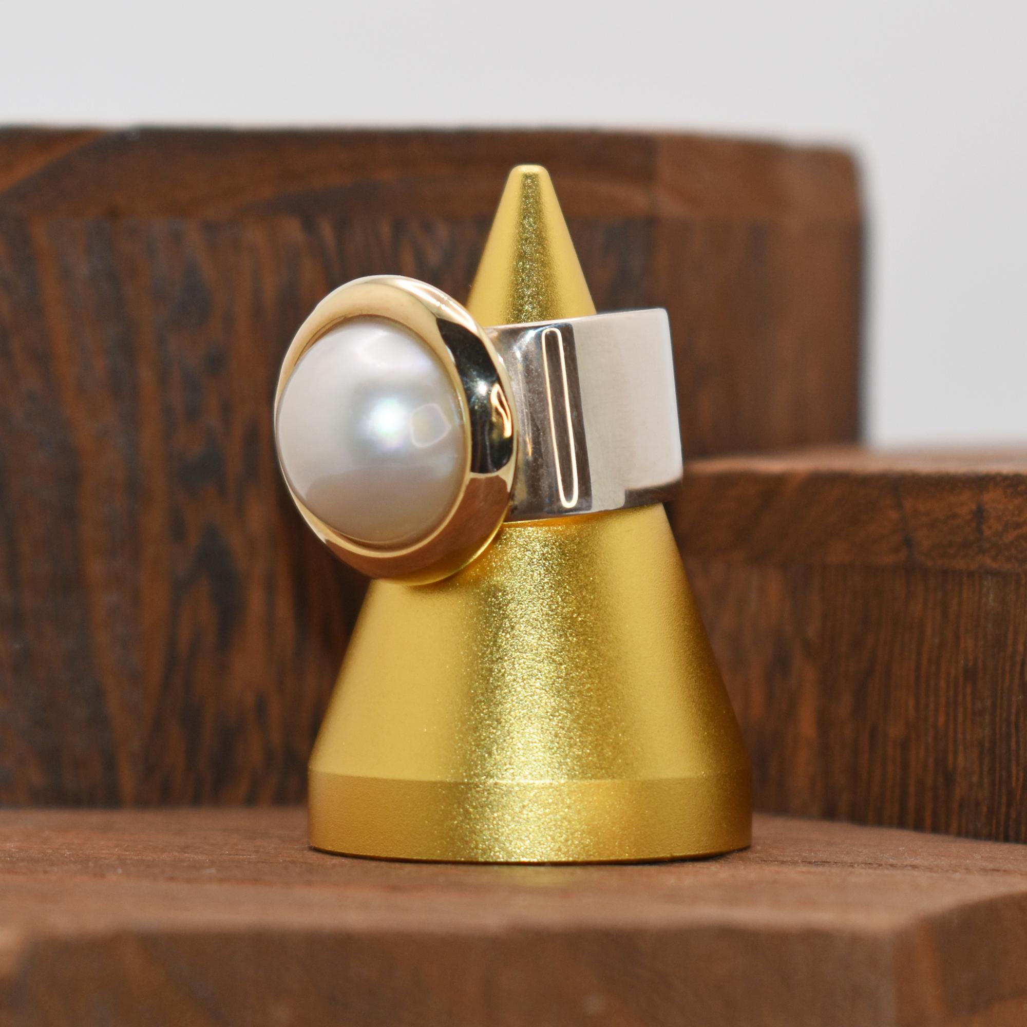 Mabé Freshwater Pearl, 14k Gold and Sterling Silver Contemporary Cocktail Ring In New Condition For Sale In Naples, FL