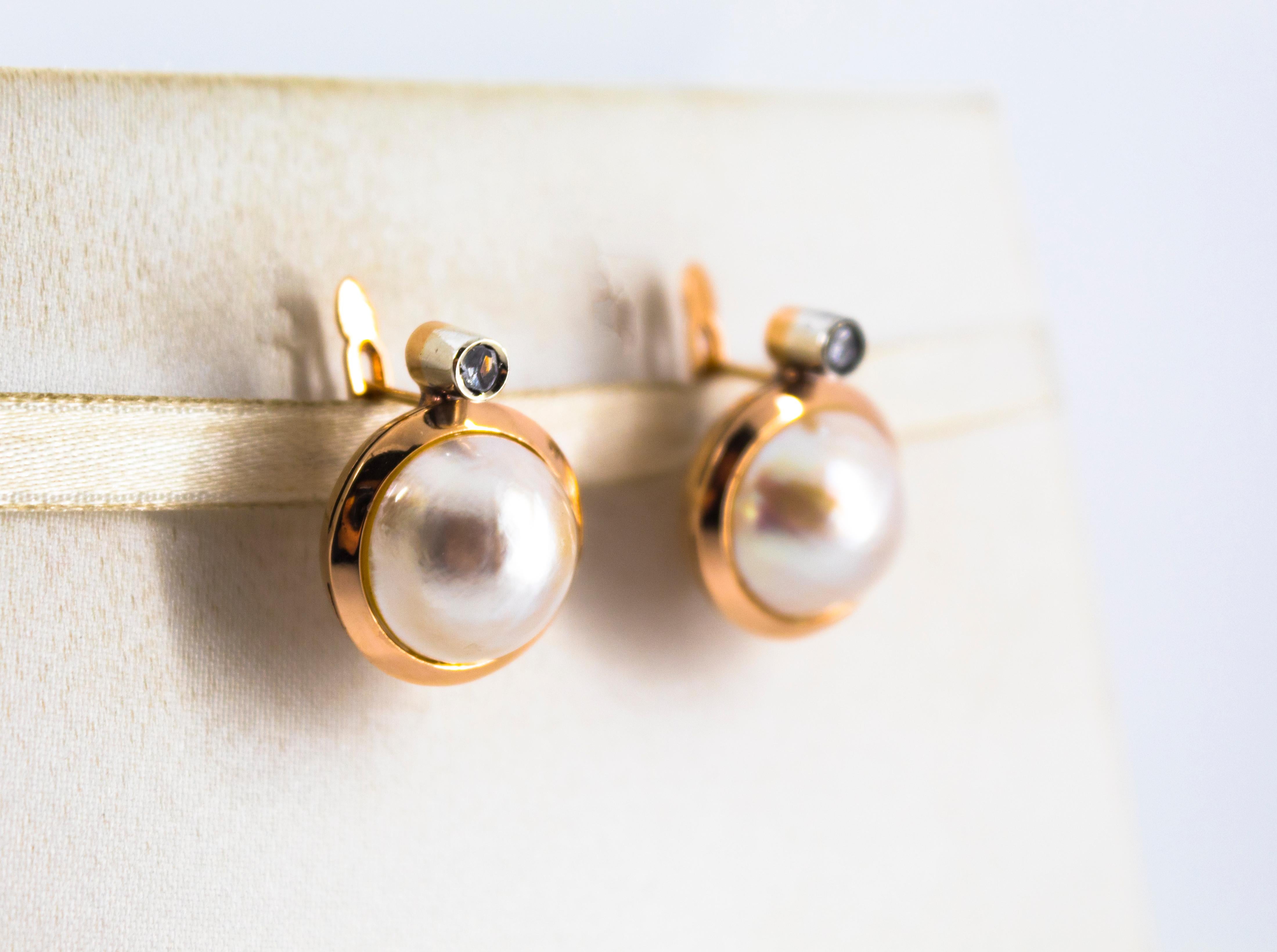Renaissance Mabe Pearl 0.10 Carat White Rose Cut Diamond Yellow Gold Lever-Back Earrings