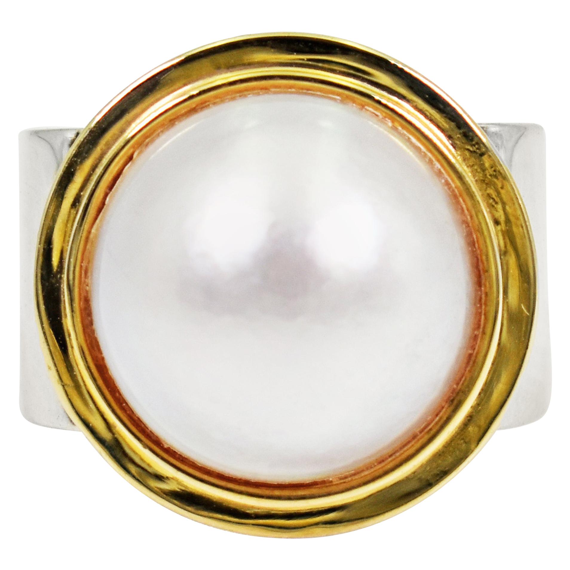 Mabé Pearl 14 Karat Gold and Sterling Silver Two-Tone Cocktail Ring