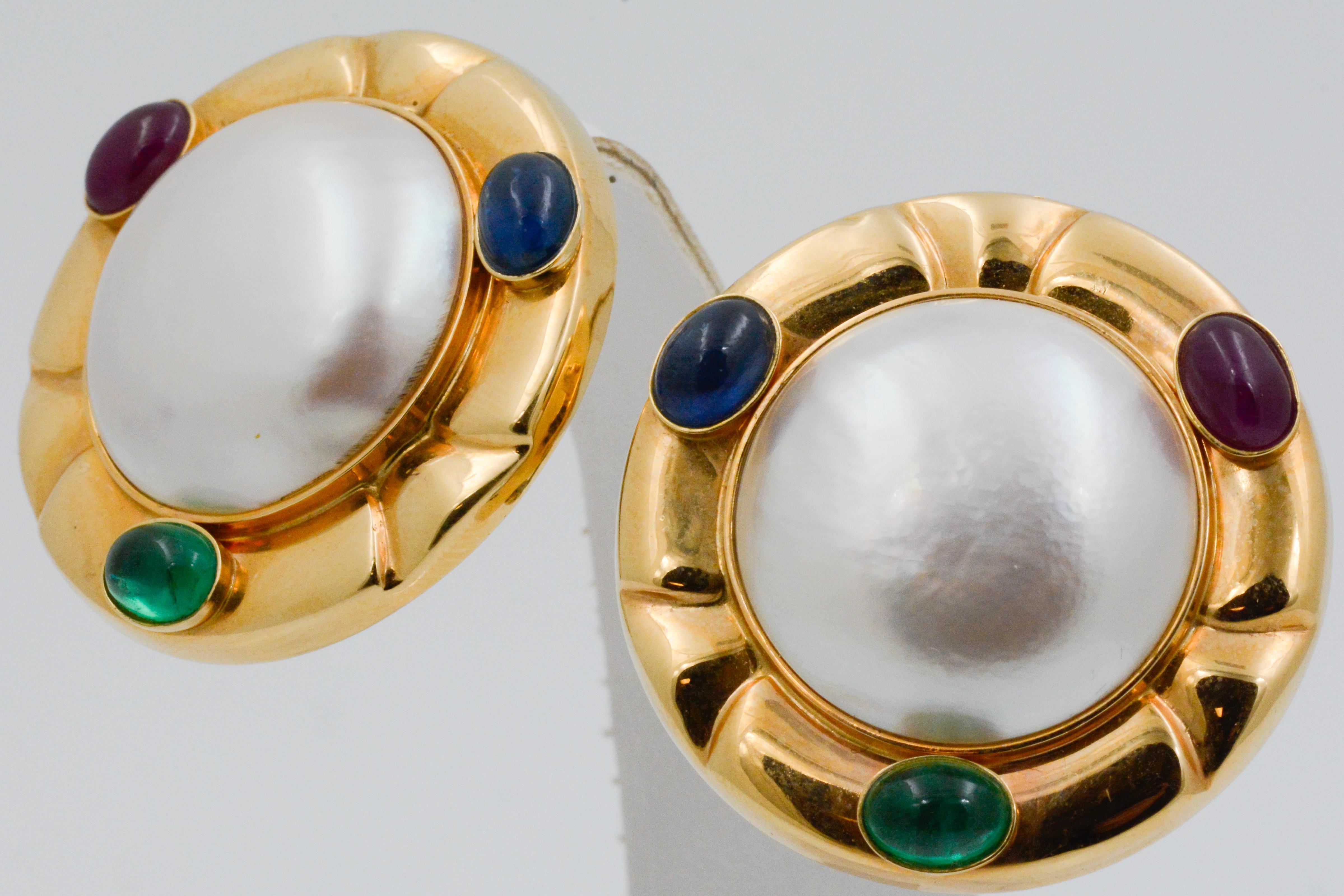 Modern Mabe Pearl 14 Karat Yellow Gold Ruby, Blue Sapphire, Emerald Clip-On Earrings