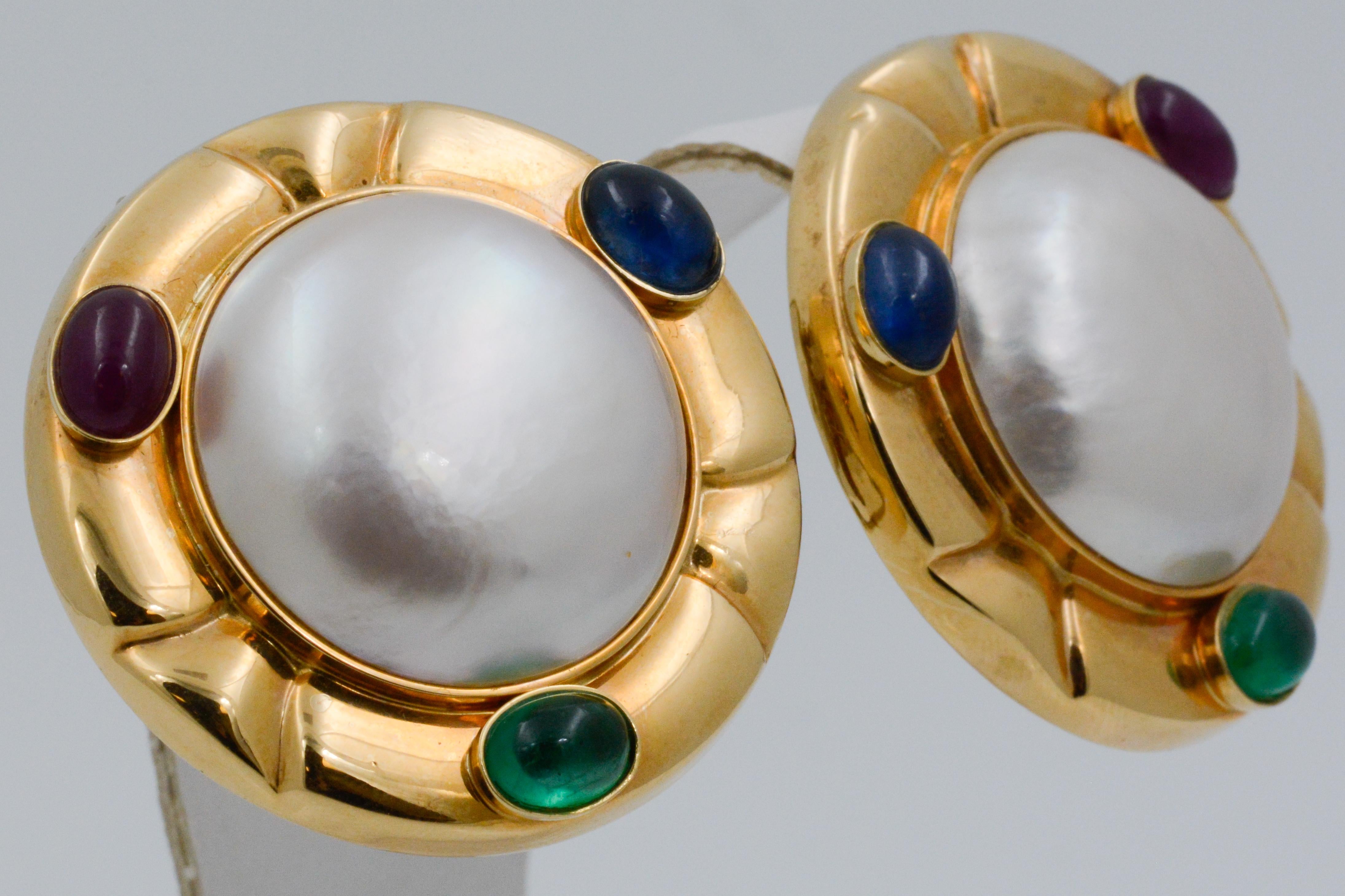 Oval Cut Mabe Pearl 14 Karat Yellow Gold Ruby, Blue Sapphire, Emerald Clip-On Earrings