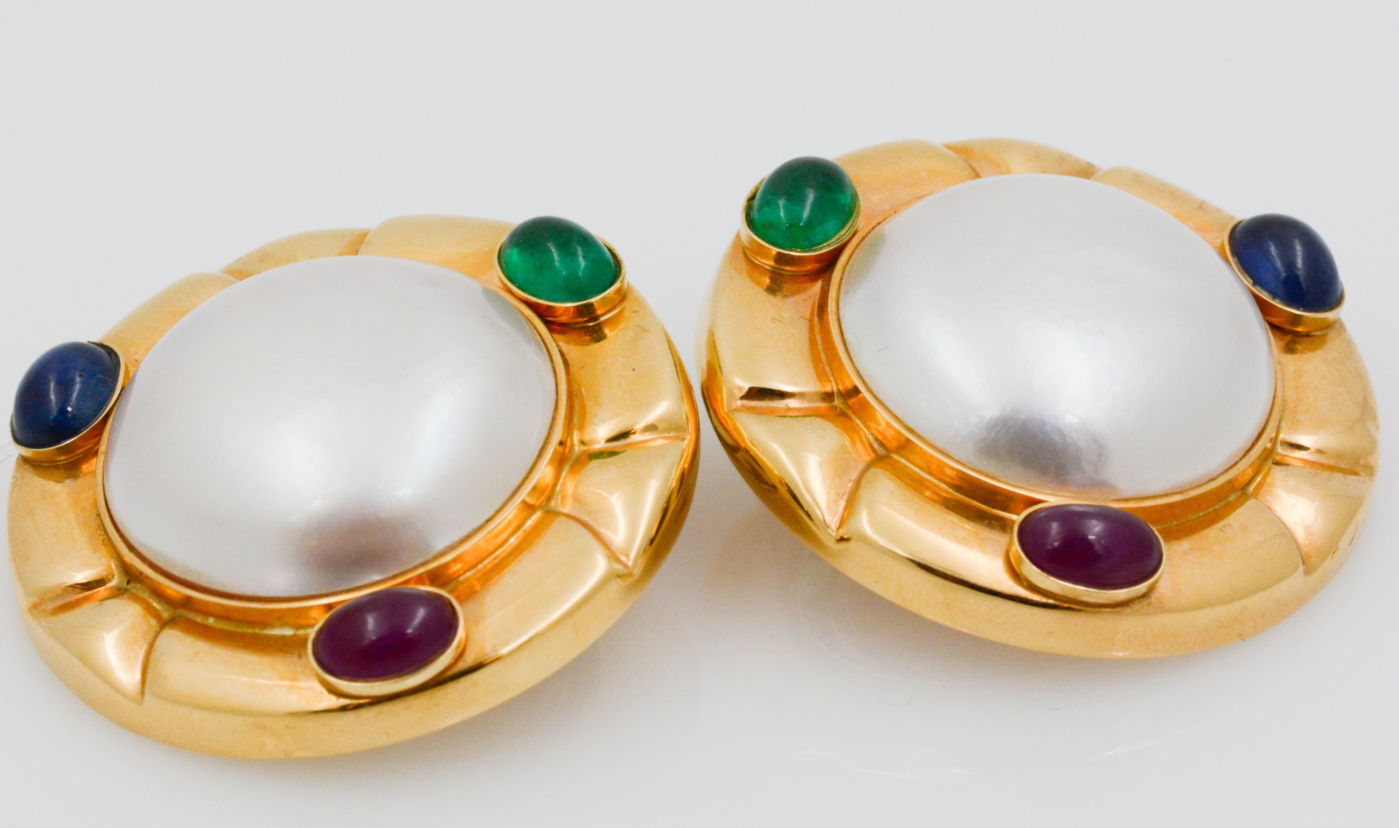 Women's Mabe Pearl 14 Karat Yellow Gold Ruby, Blue Sapphire, Emerald Clip-On Earrings