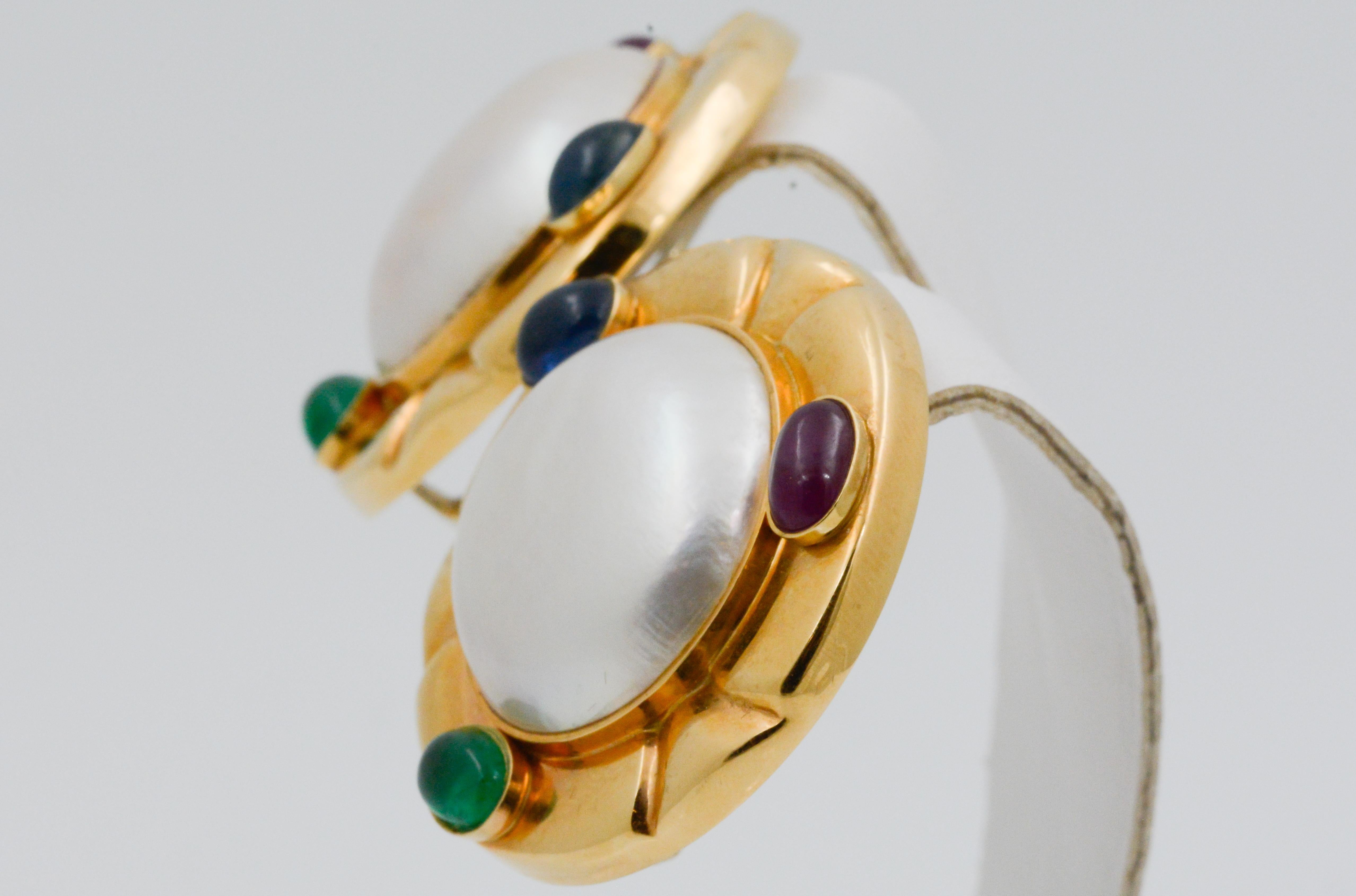 Mabe Pearl 14 Karat Yellow Gold Ruby, Blue Sapphire, Emerald Clip-On Earrings 1