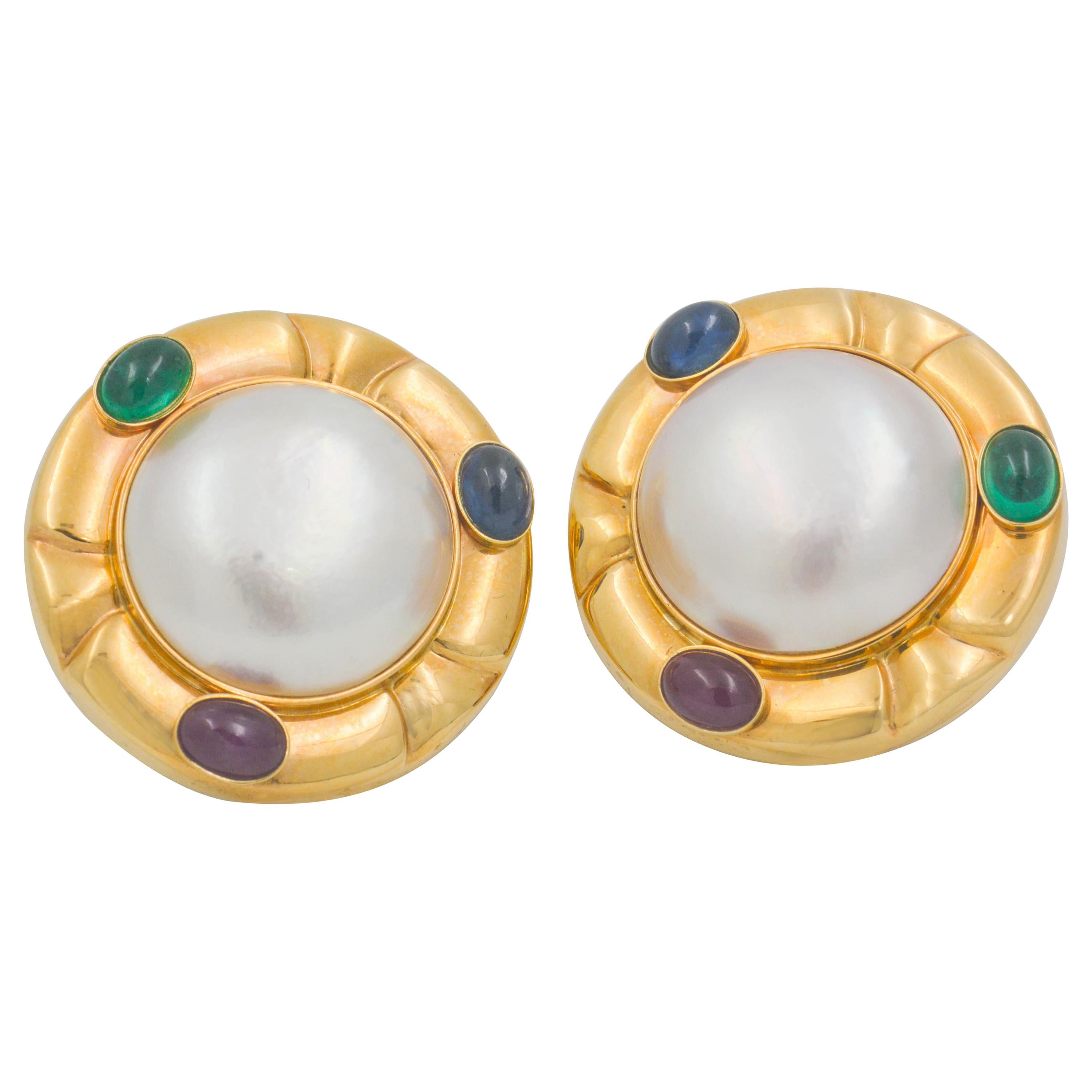 Mabe Pearl 14 Karat Yellow Gold Ruby, Blue Sapphire, Emerald Clip-On Earrings