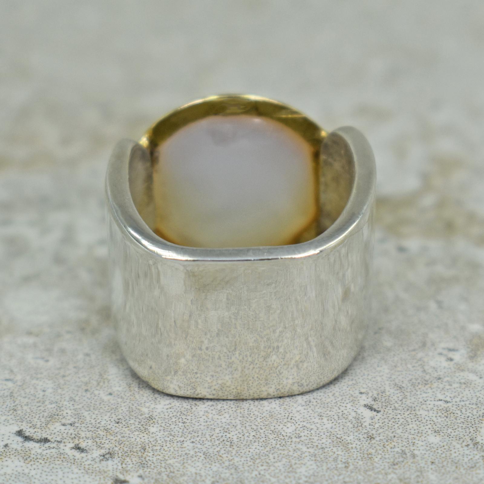 Cabochon Mabé Pearl, 14 Karat Gold and Sterling Silver Contemporary Cocktail Ring