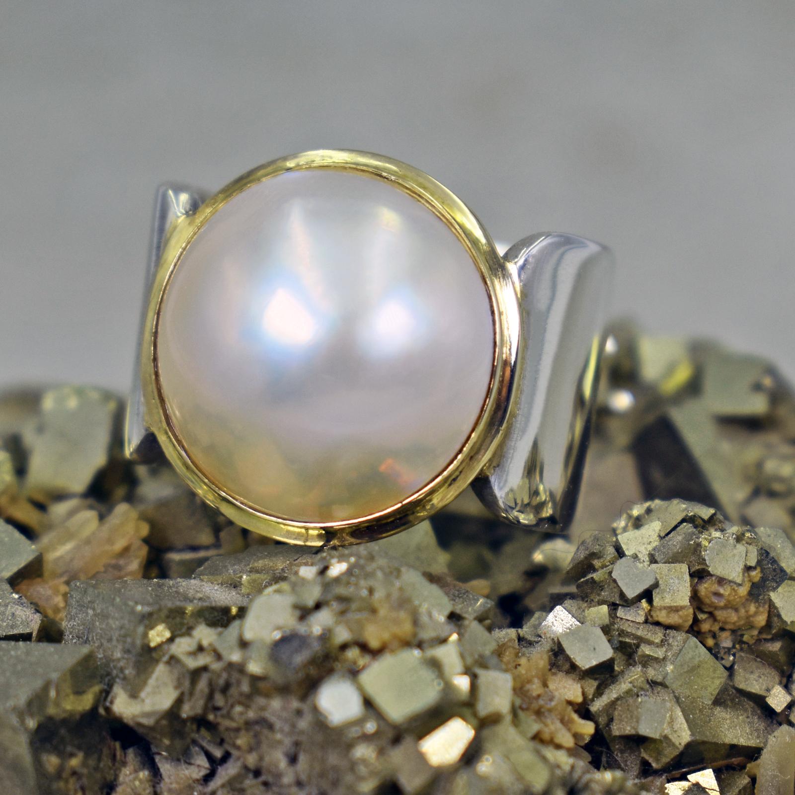 Mabé Pearl, 14 Karat Gold and Sterling Silver Contemporary Cocktail Ring In New Condition In Naples, FL