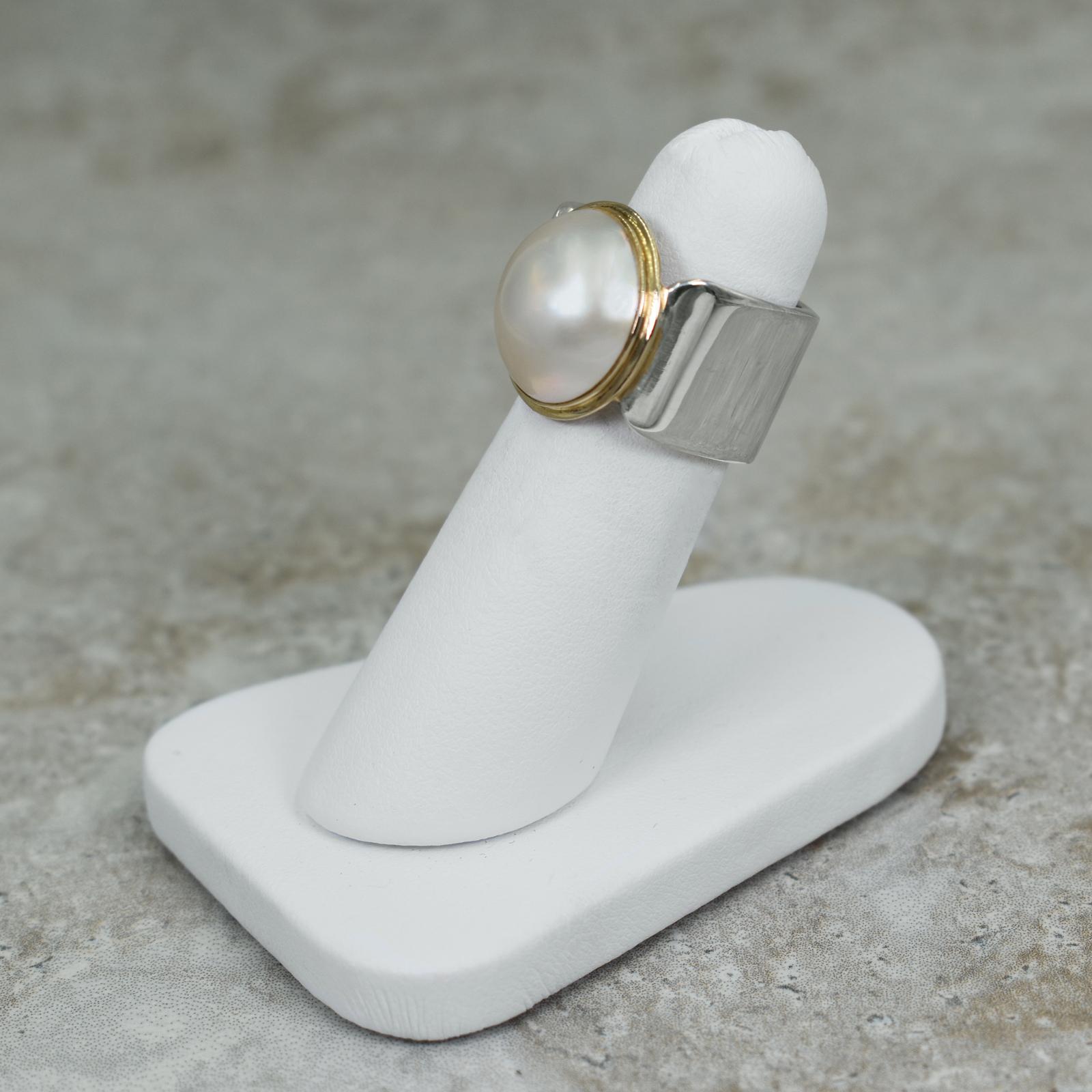 Women's Mabé Pearl, 14 Karat Gold and Sterling Silver Contemporary Cocktail Ring
