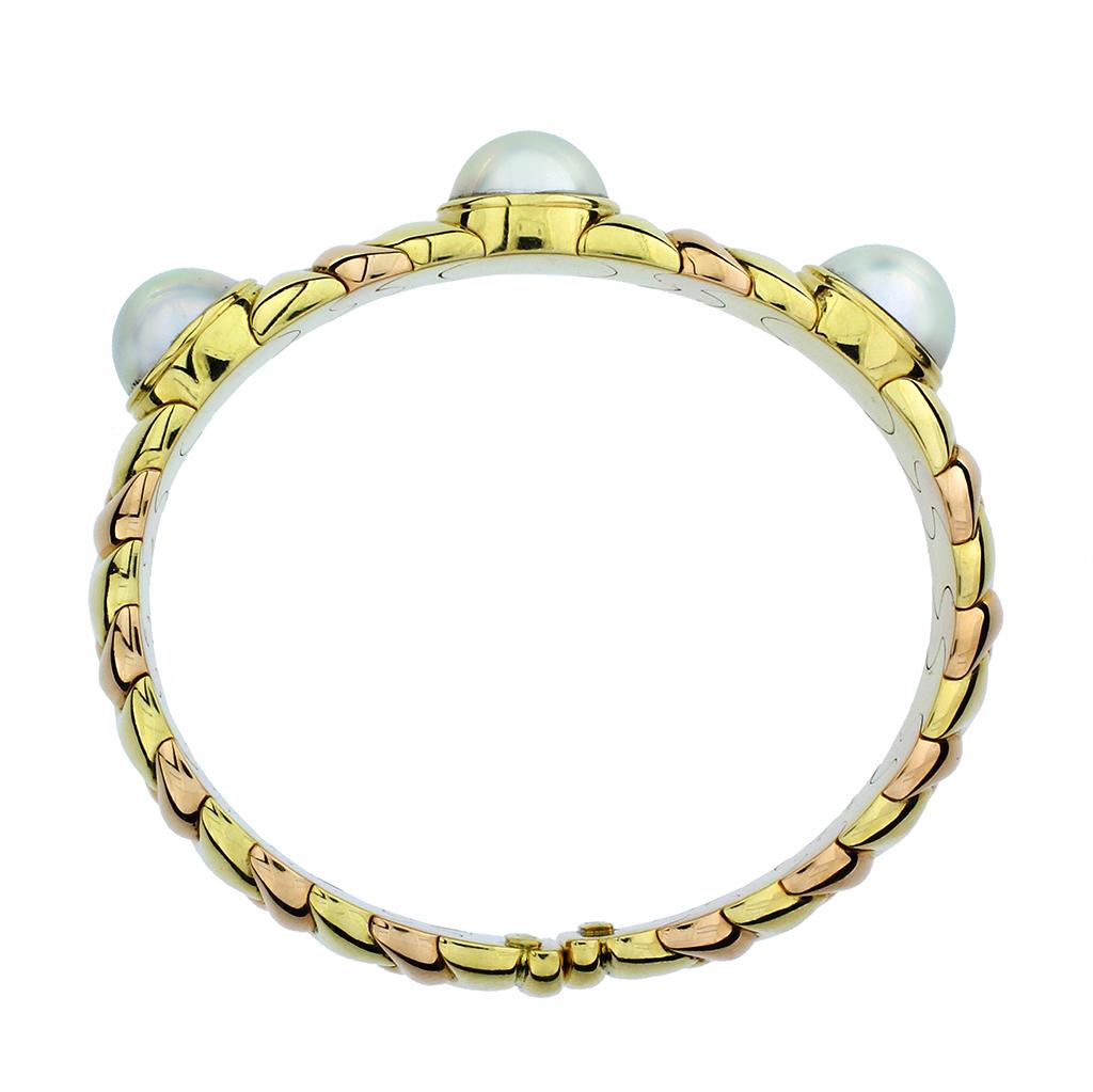 Round Cut Mabe Pearl 18K Rose and Yellow Gold Flex Bangle For Sale