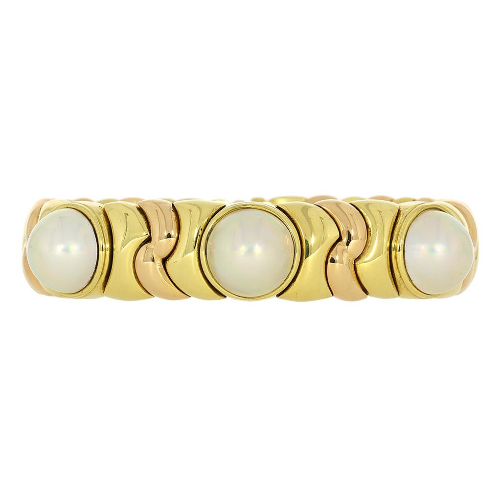 Mabe Pearl 18K Rose and Yellow Gold Flex Bangle In Excellent Condition For Sale In Fuquay Varina, NC