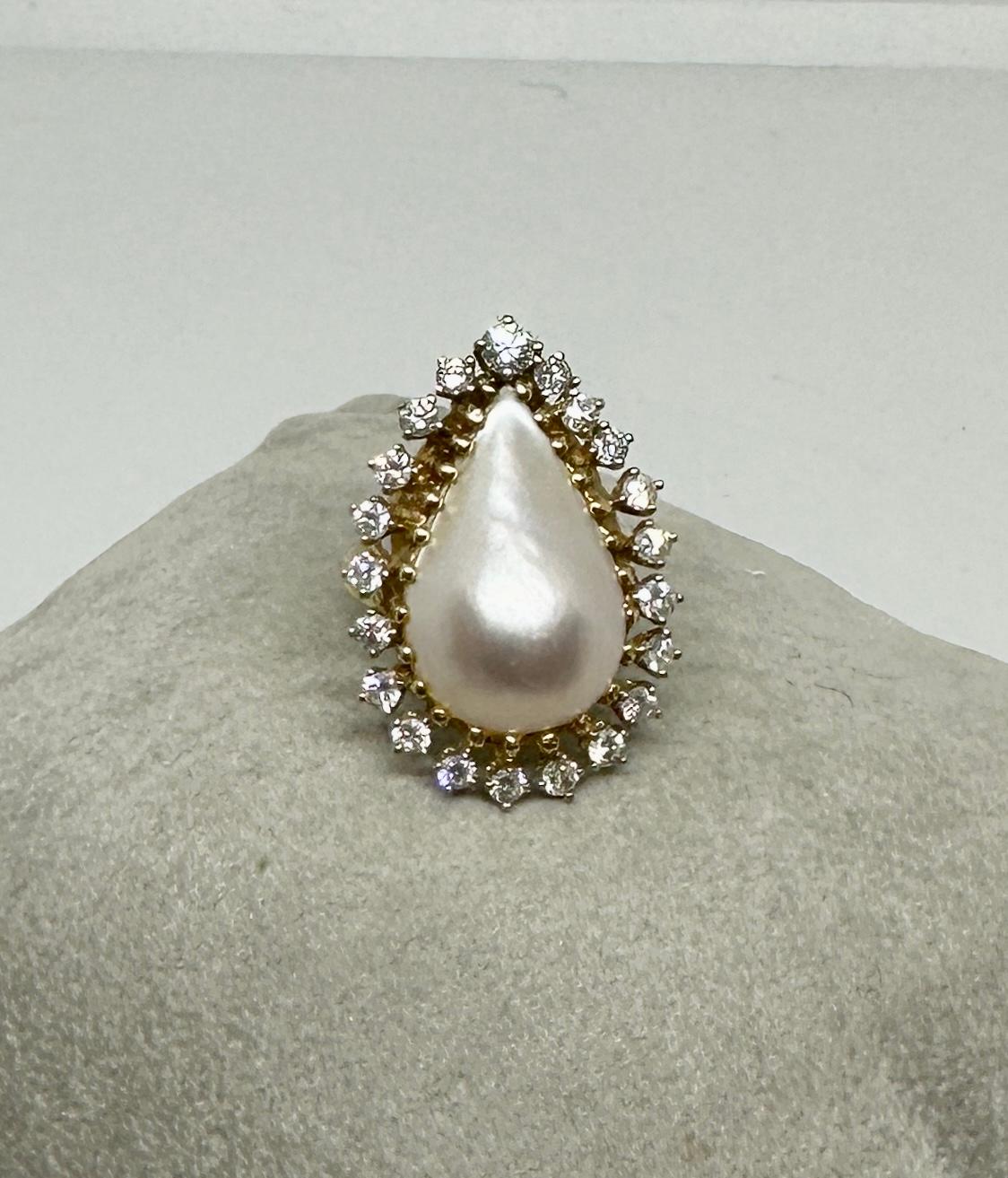 Mabe Perle 2 Karat 21 Diamant Halo-Ring 14 Karat Gold Retro Midcentury Modern im Zustand „Hervorragend“ im Angebot in New York, NY