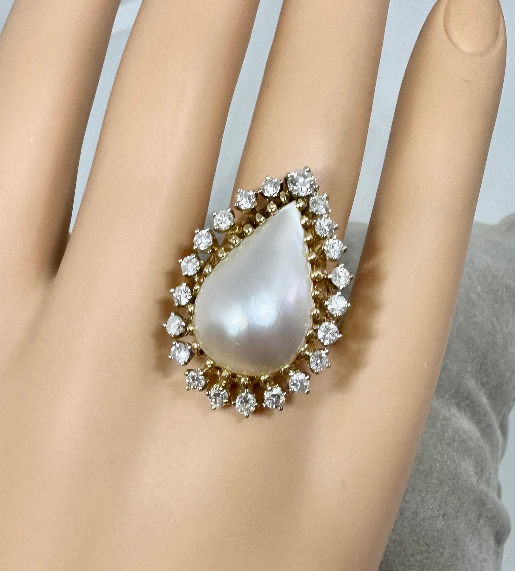 Mabe Pearl 2 Carat 21 Diamond Halo Ring 14 Karat Gold Retro Midcentury Modern For Sale 1