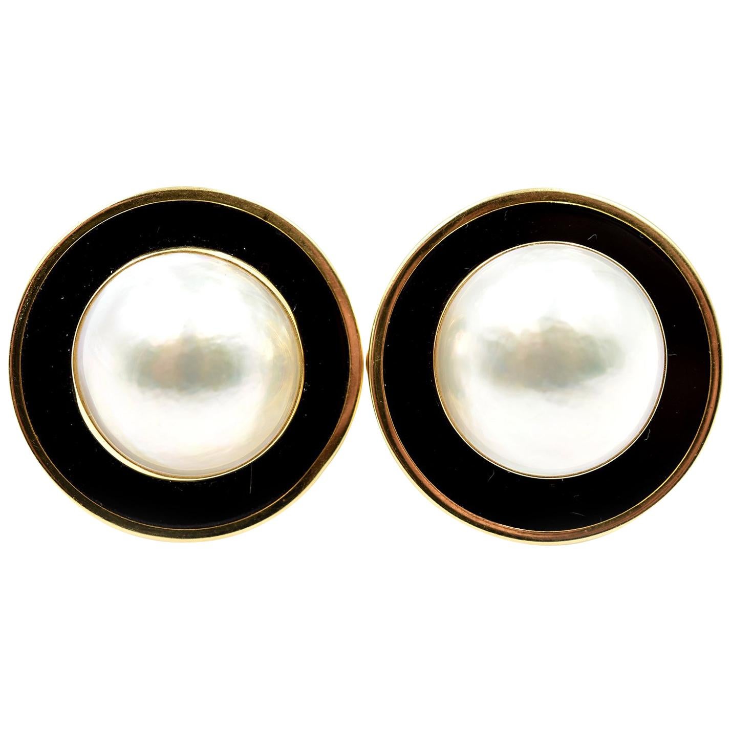 Mabe Pearl and Black Onyx Earrings 14 Karat Yellow Gold