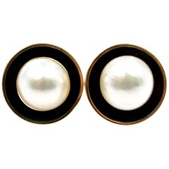 Mabe Pearl and Black Onyx Earrings 14 Karat Yellow Gold