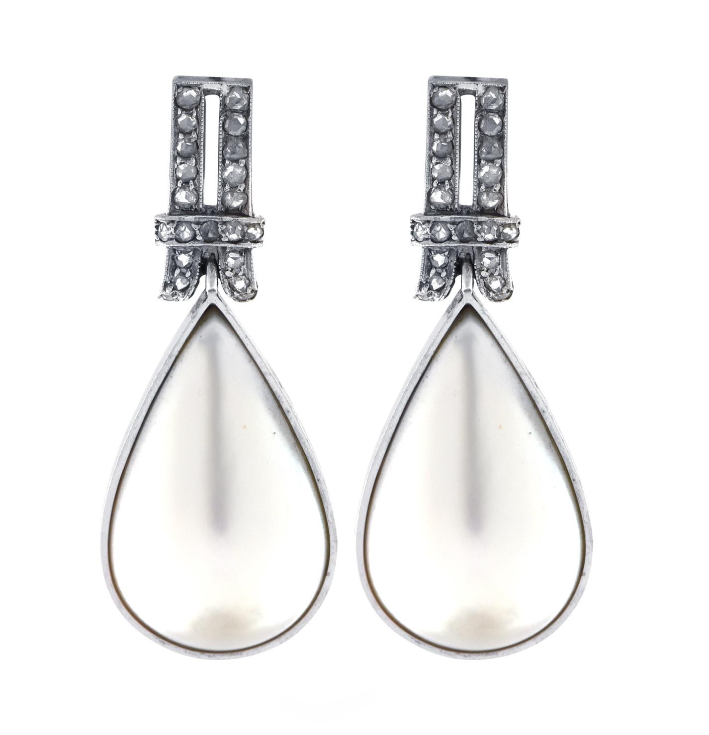 Modern Mabe Pearl and Diamond Dangle Earrings