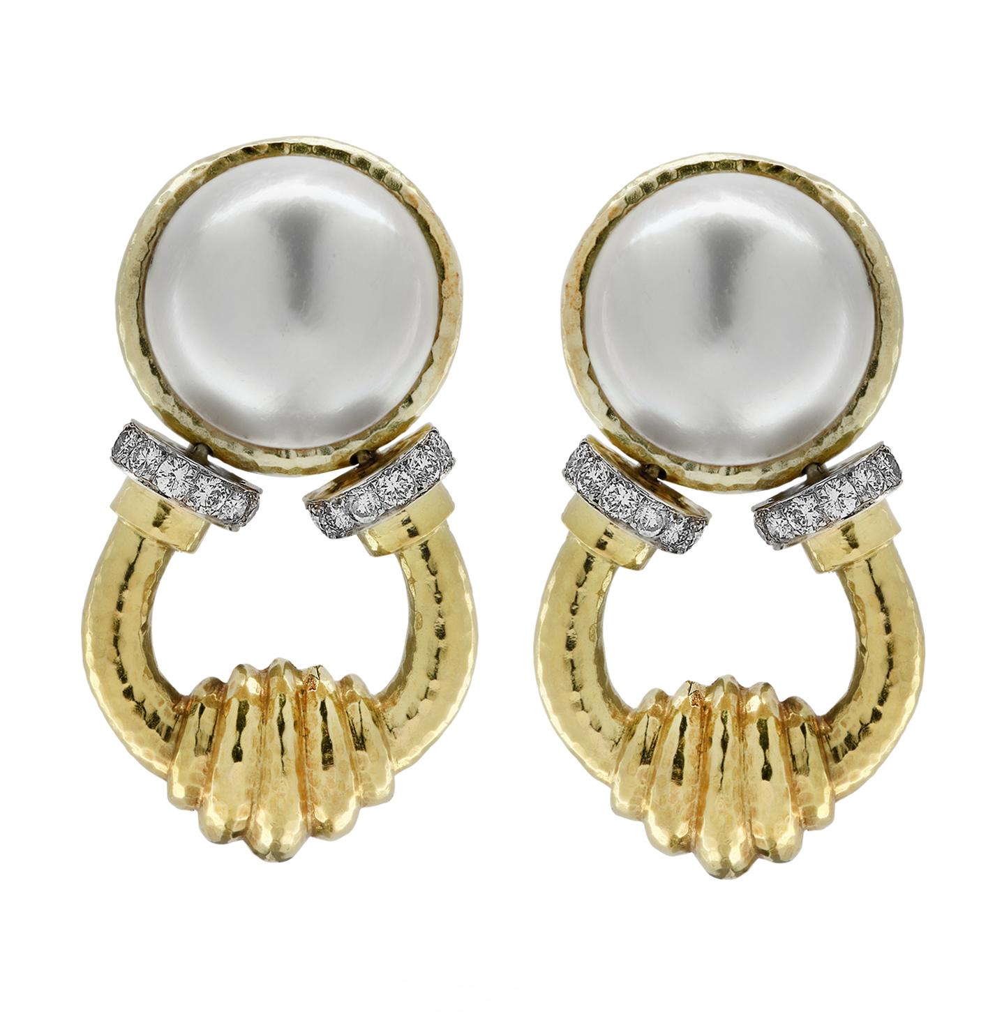 Modern Mabe Pearl and Diamond Door Knocker Earrings