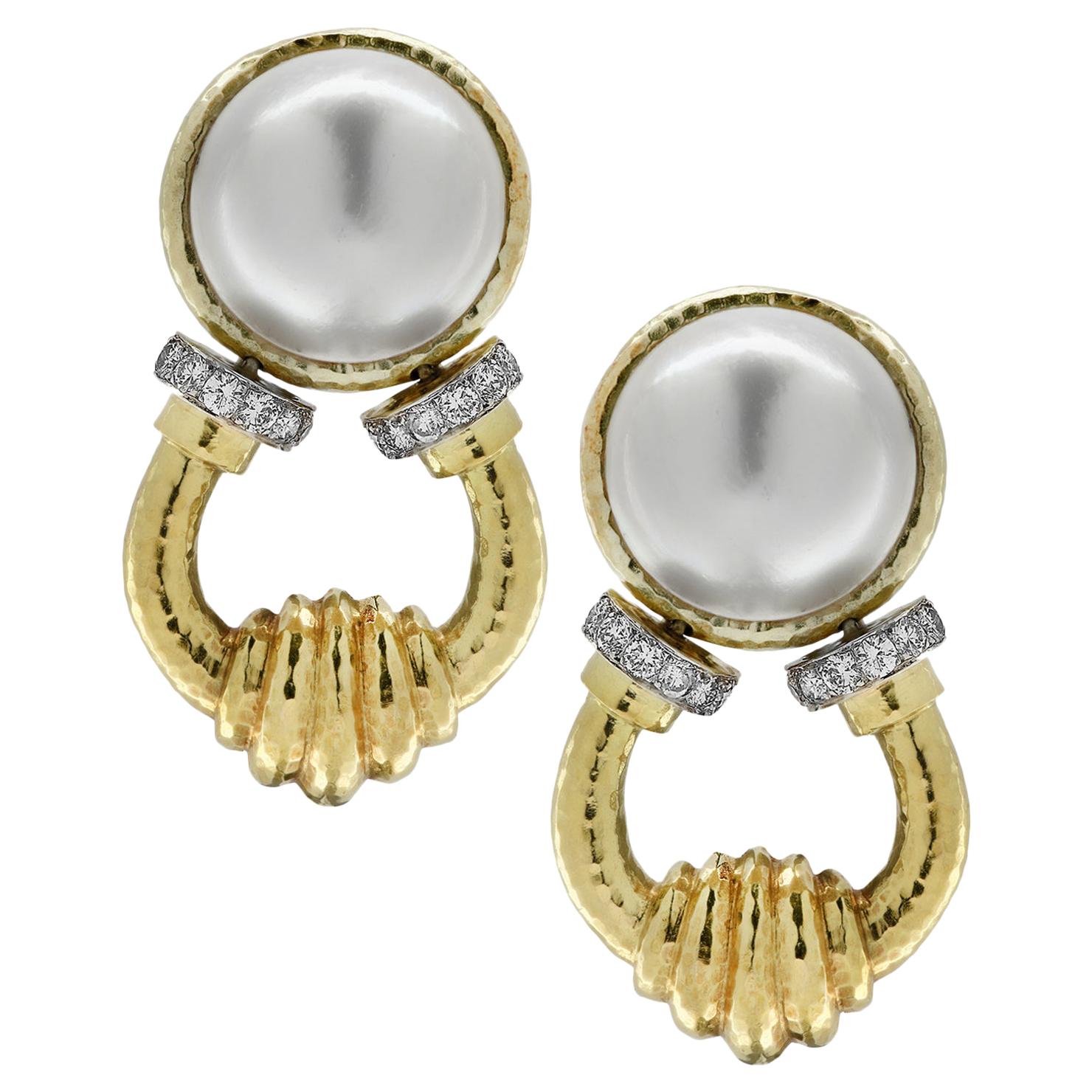 Mabe Pearl and Diamond Door Knocker Earrings