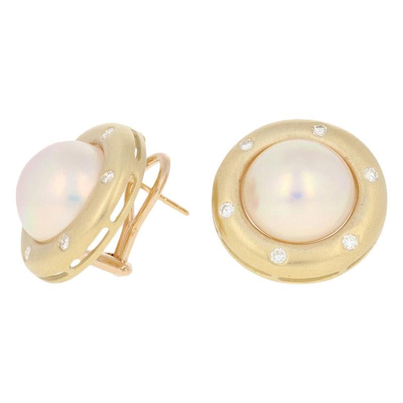 Mabe Pearl and Diamond Earrings, 14 Karat Yellow Gold Pierced Studs