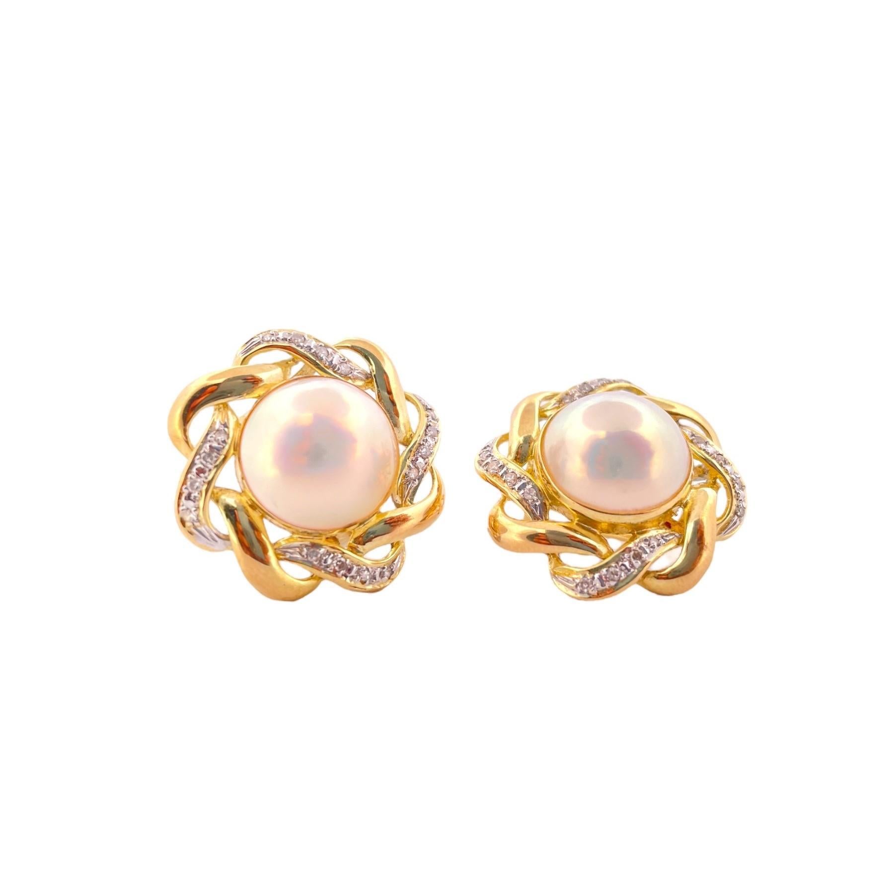 Modern Mabe Pearl and Diamond Earrings - 14K Yellow Gold