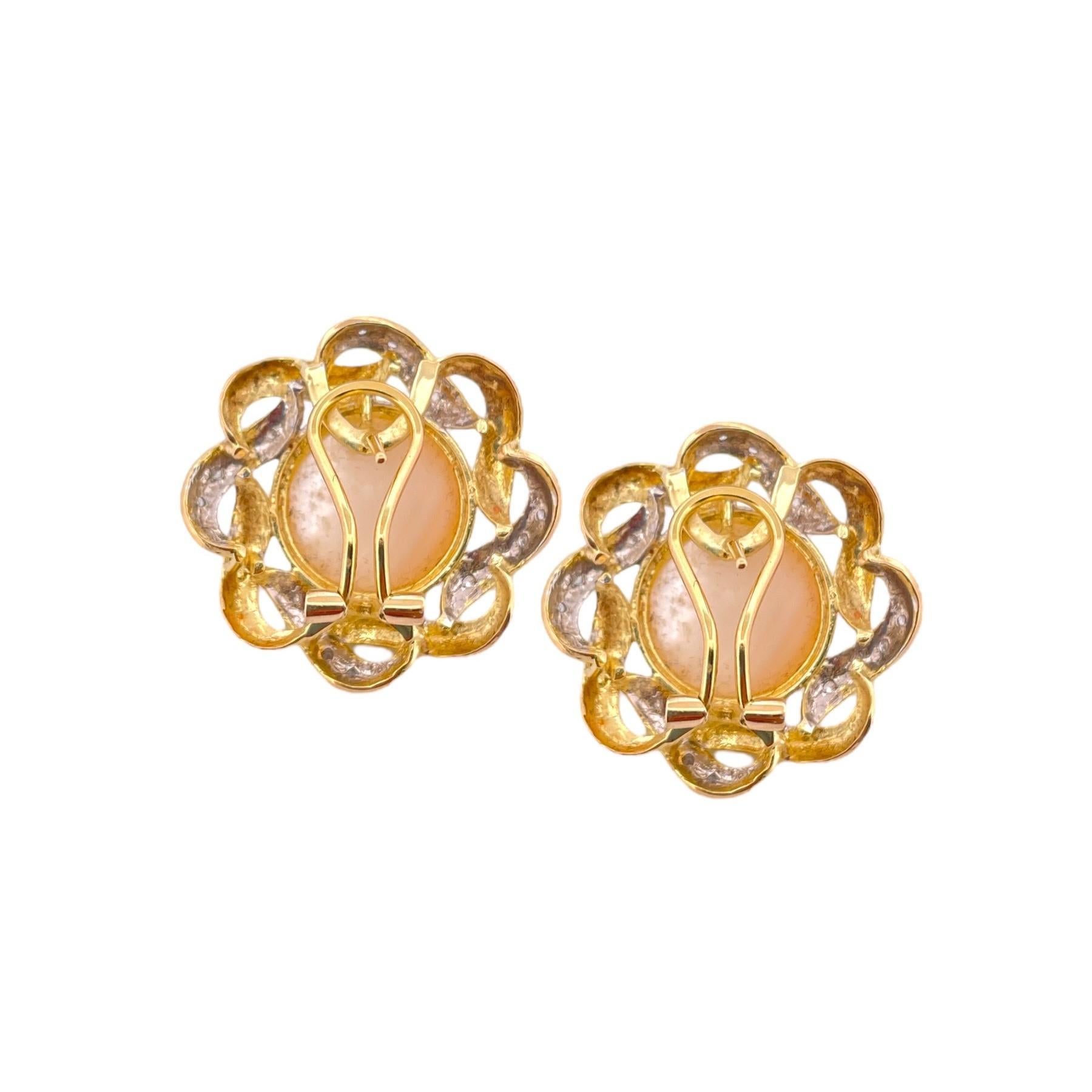 Brilliant Cut Mabe Pearl and Diamond Earrings - 14K Yellow Gold