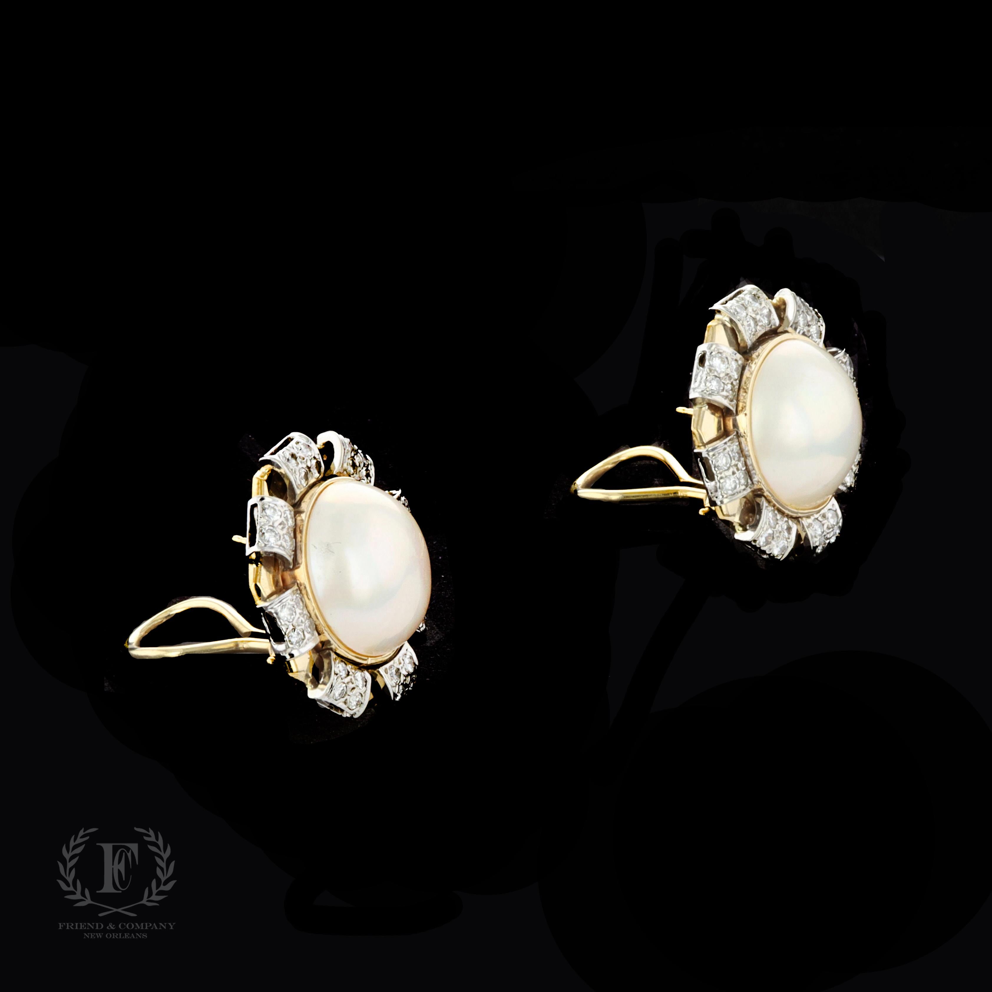 Round Cut Mabe Pearl and Diamond Earrings For Sale