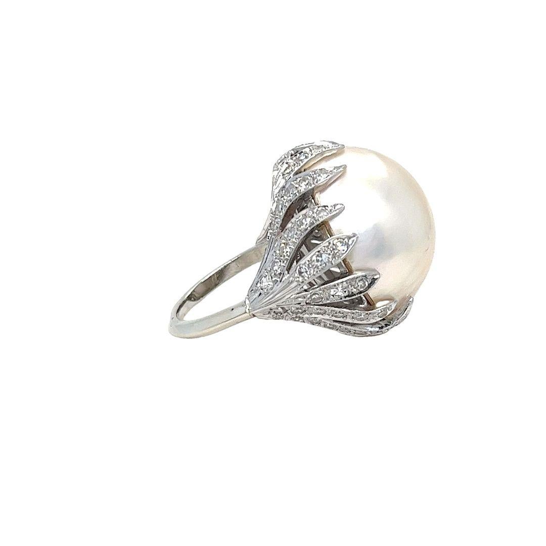 Round Cut Mabe Pearl and Diamond Flame Cocktail Ring
